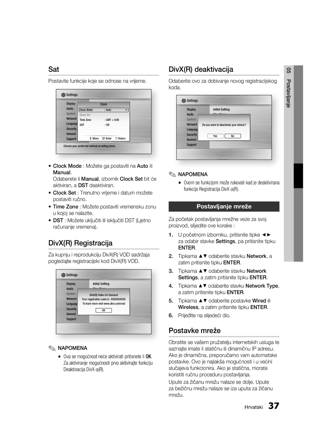 Samsung BD-C6500/EDC manual Sat, DivXR Registracija, DivXR deaktivacija, Postavke mreže, Postavljanje mreže 