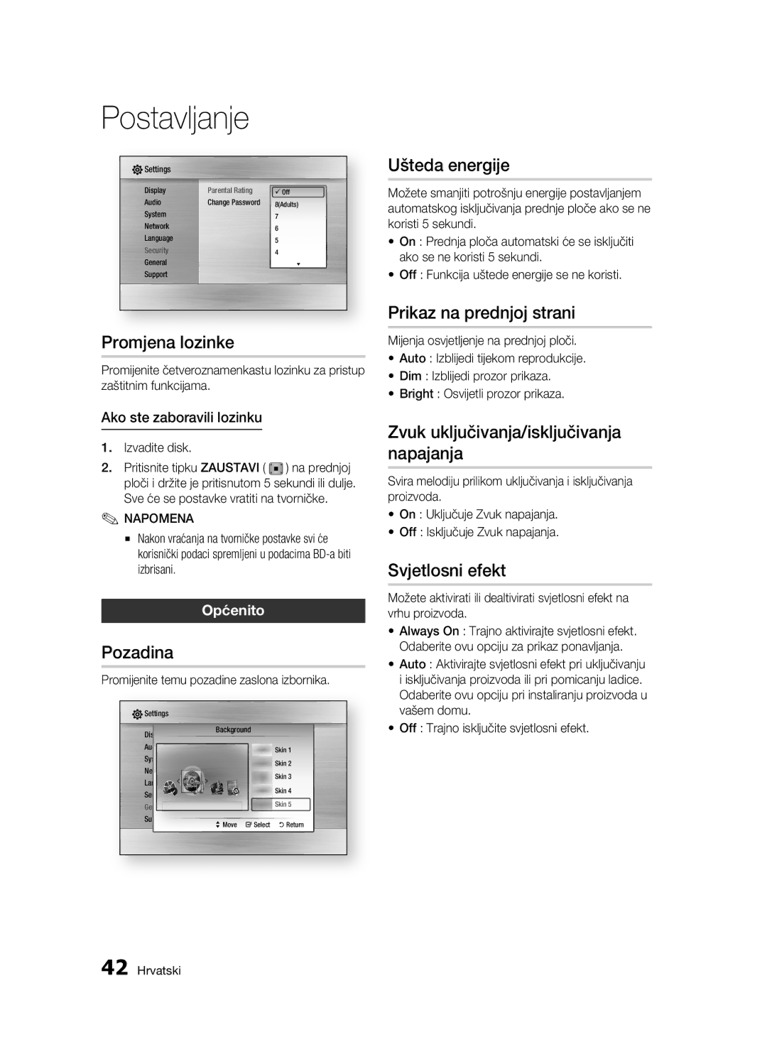 Samsung BD-C6500/EDC manual Promjena lozinke, Pozadina, Ušteda energije, Prikaz na prednjoj strani, Svjetlosni efekt 