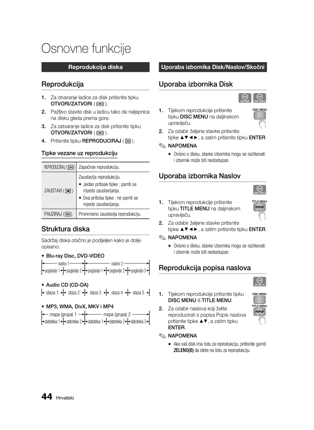 Samsung BD-C6500/EDC manual Osnovne funkcije 