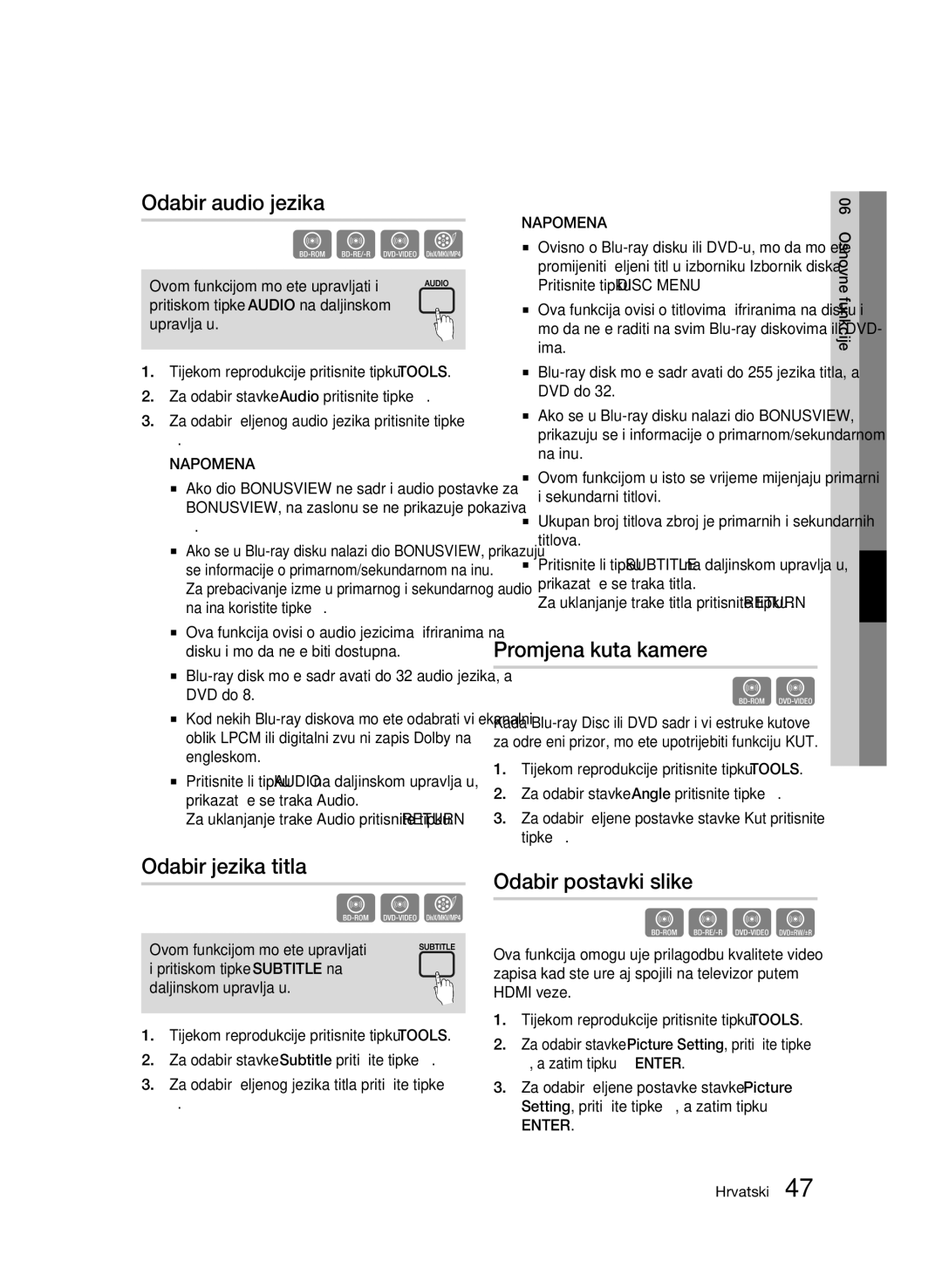 Samsung BD-C6500/EDC manual Odabir audio jezika, Odabir jezika titla, Promjena kuta kamere, Odabir postavki slike 