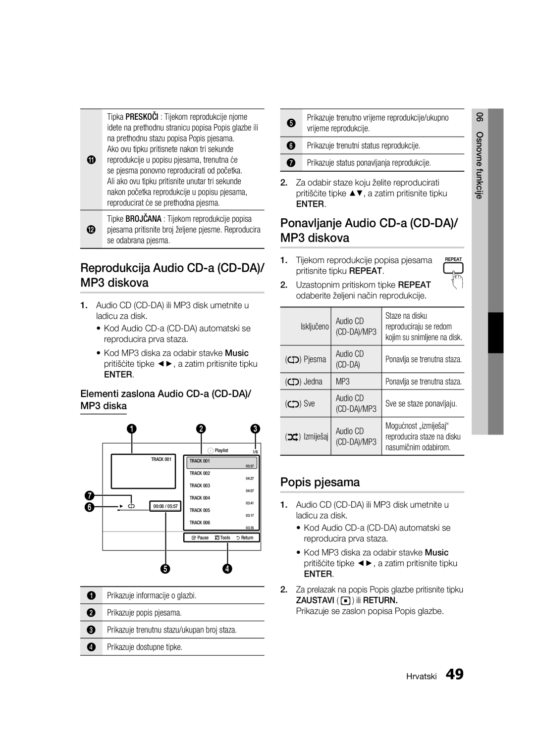 Samsung BD-C6500/EDC Reprodukcija Audio CD-a CD-DA/ MP3 diskova, Ponavljanje Audio CD-a CD-DA/ MP3 diskova, Popis pjesama 