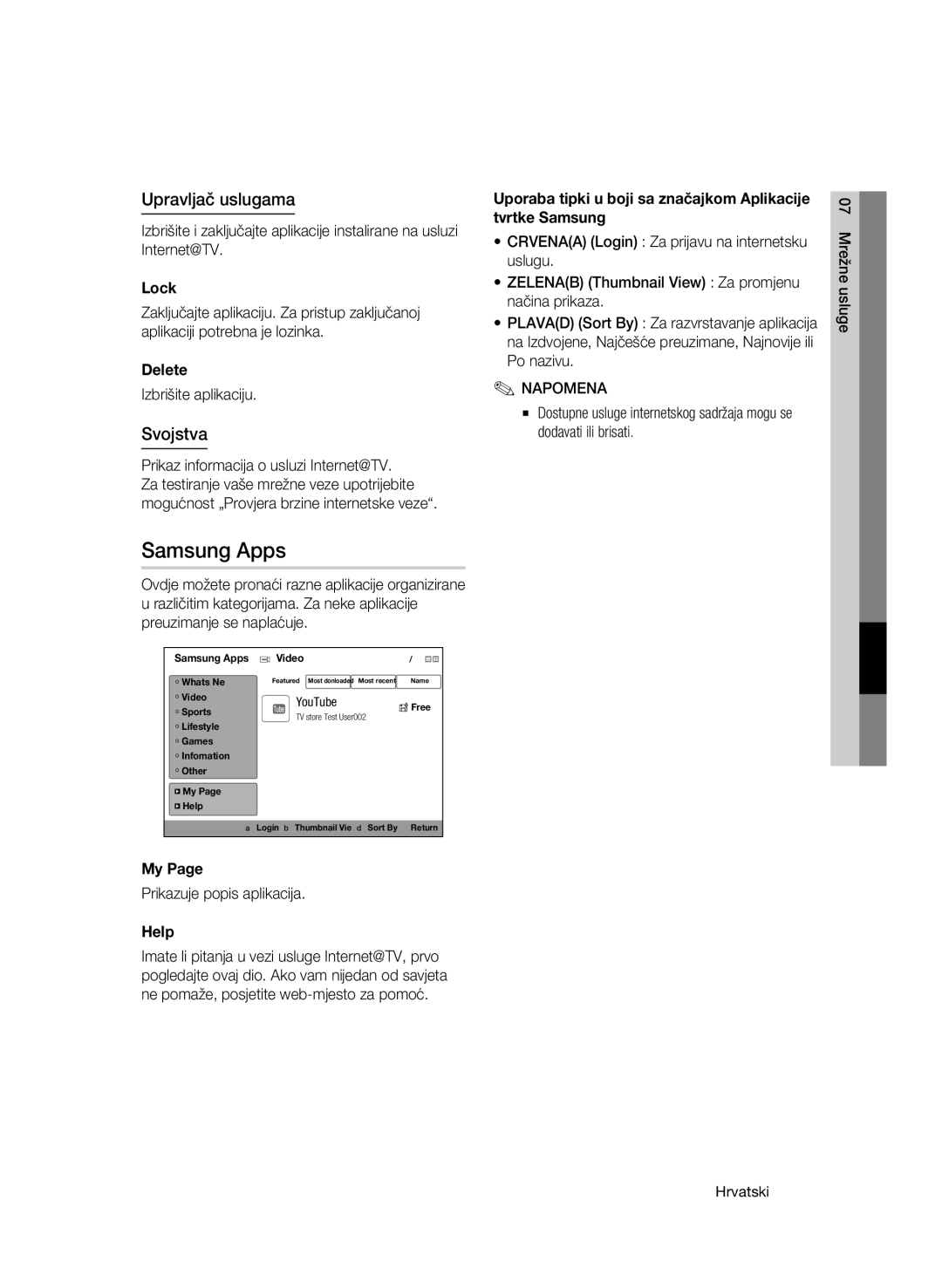 Samsung BD-C6500/EDC manual Samsung Apps, Upravljač uslugama, Svojstva 