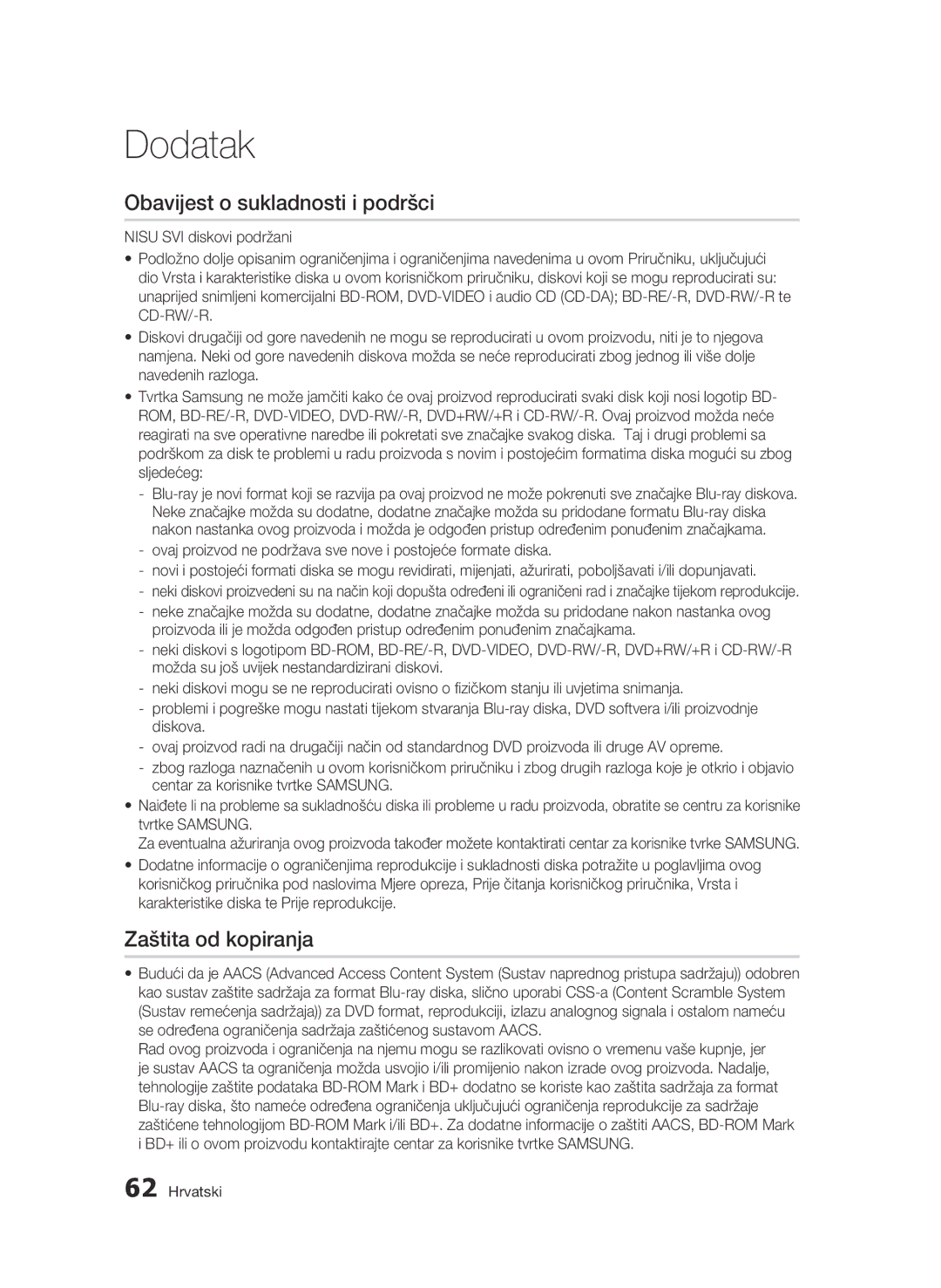 Samsung BD-C6500/EDC manual Obavijest o sukladnosti i podršci, Zaštita od kopiranja 