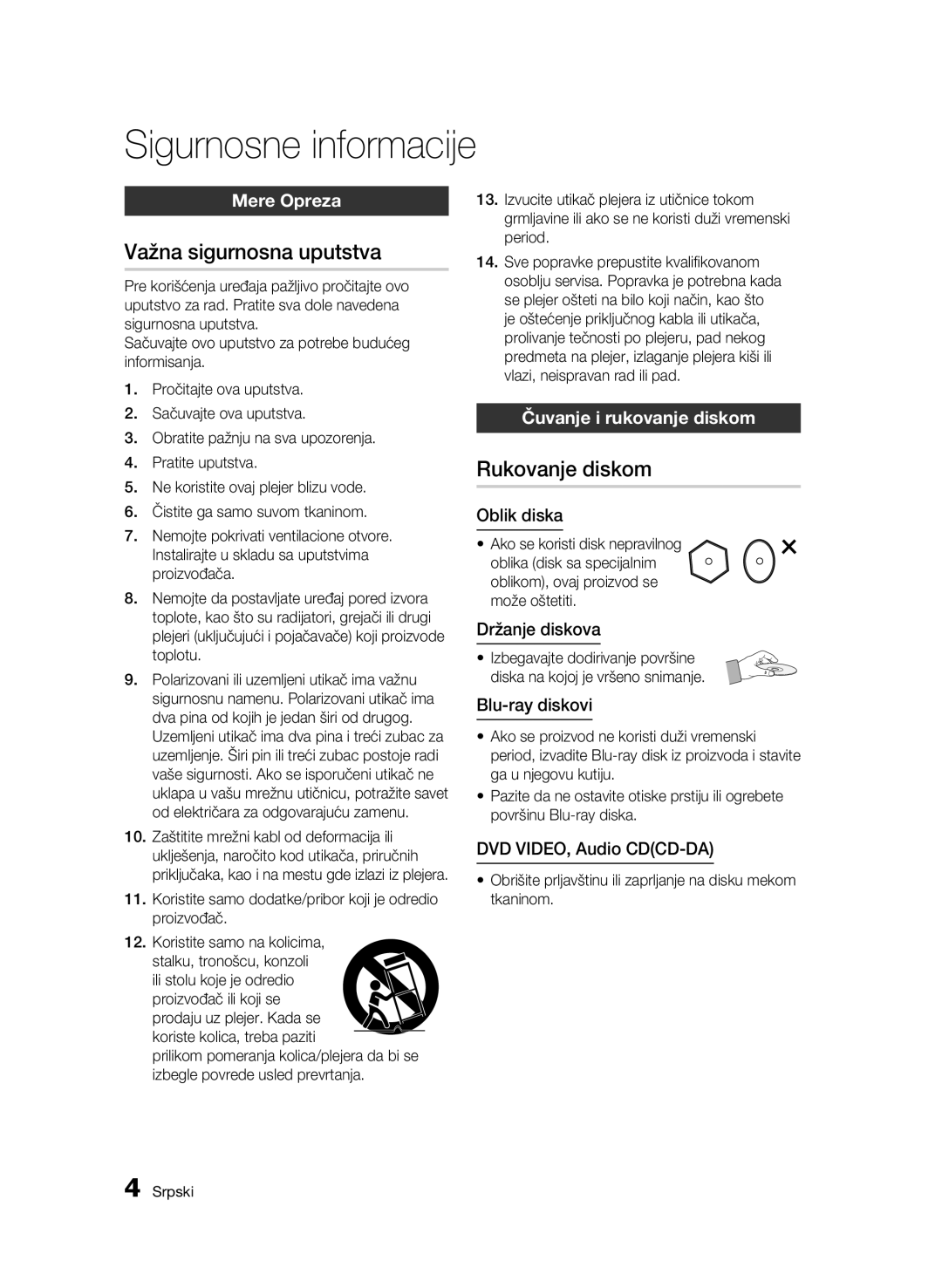 Samsung BD-C6500/EDC manual Važna sigurnosna uputstva, Rukovanje diskom, Mere Opreza, Čuvanje i rukovanje diskom 