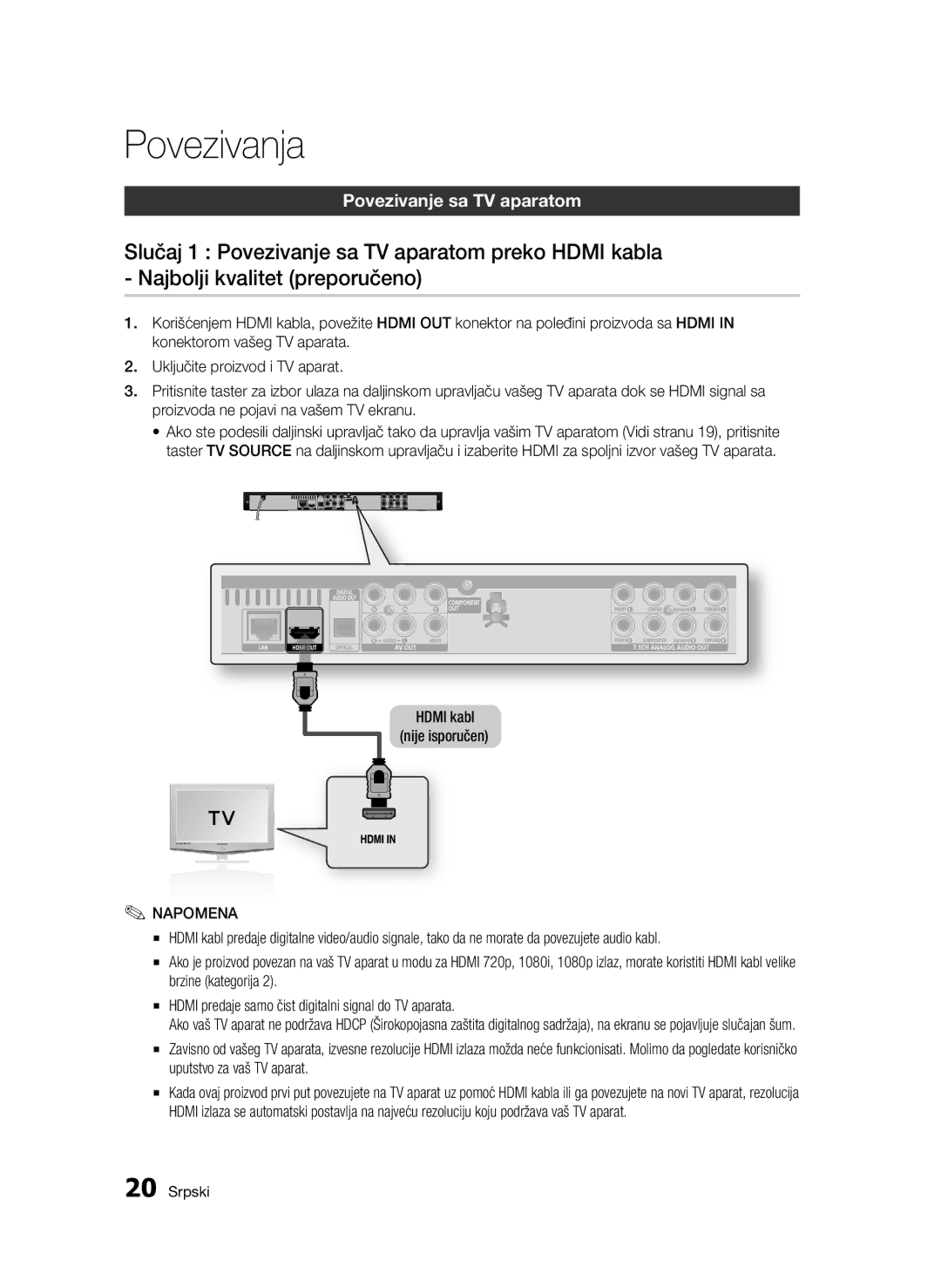 Samsung BD-C6500/EDC manual Povezivanja, Povezivanje sa TV aparatom 