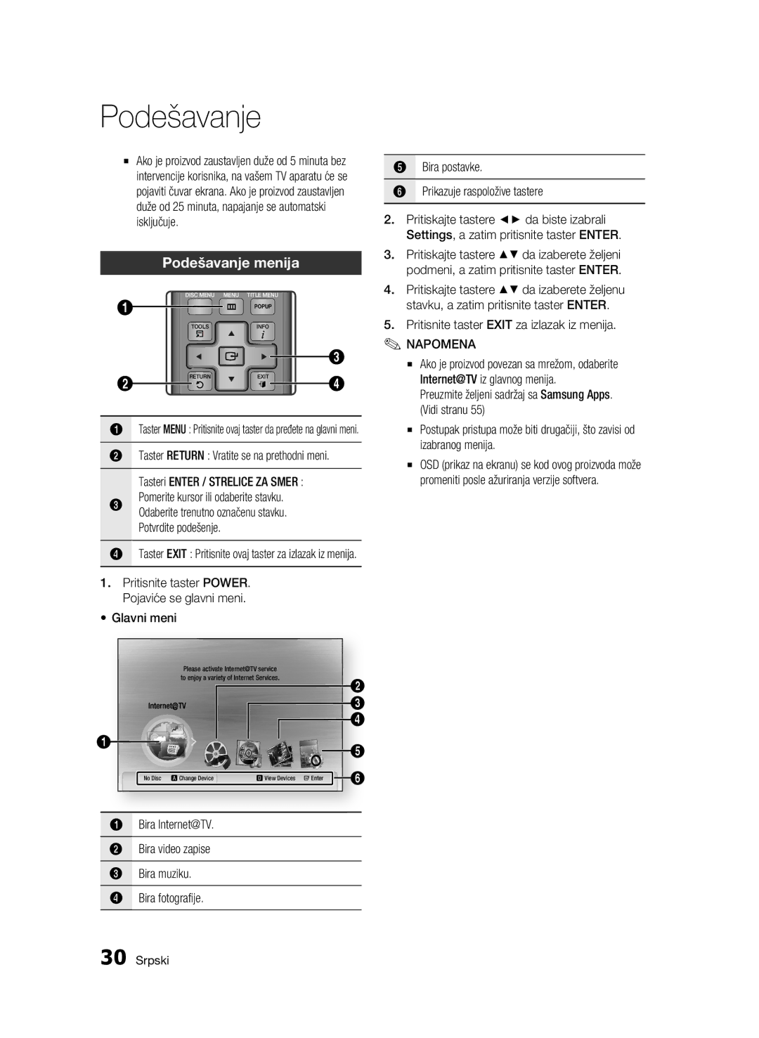 Samsung BD-C6500/EDC manual Podešavanje menija, Glavni meni, Pritisnite taster Exit za izlazak iz menija 