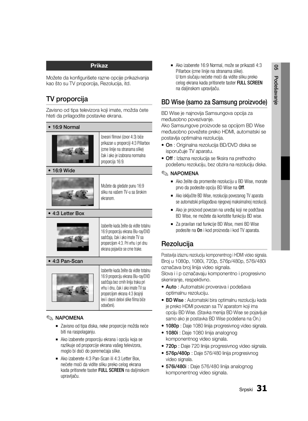 Samsung BD-C6500/EDC manual TV proporcija, Rezolucija, Prikaz, 576p/480p Daje 576/480 linija progresivnog video signala 