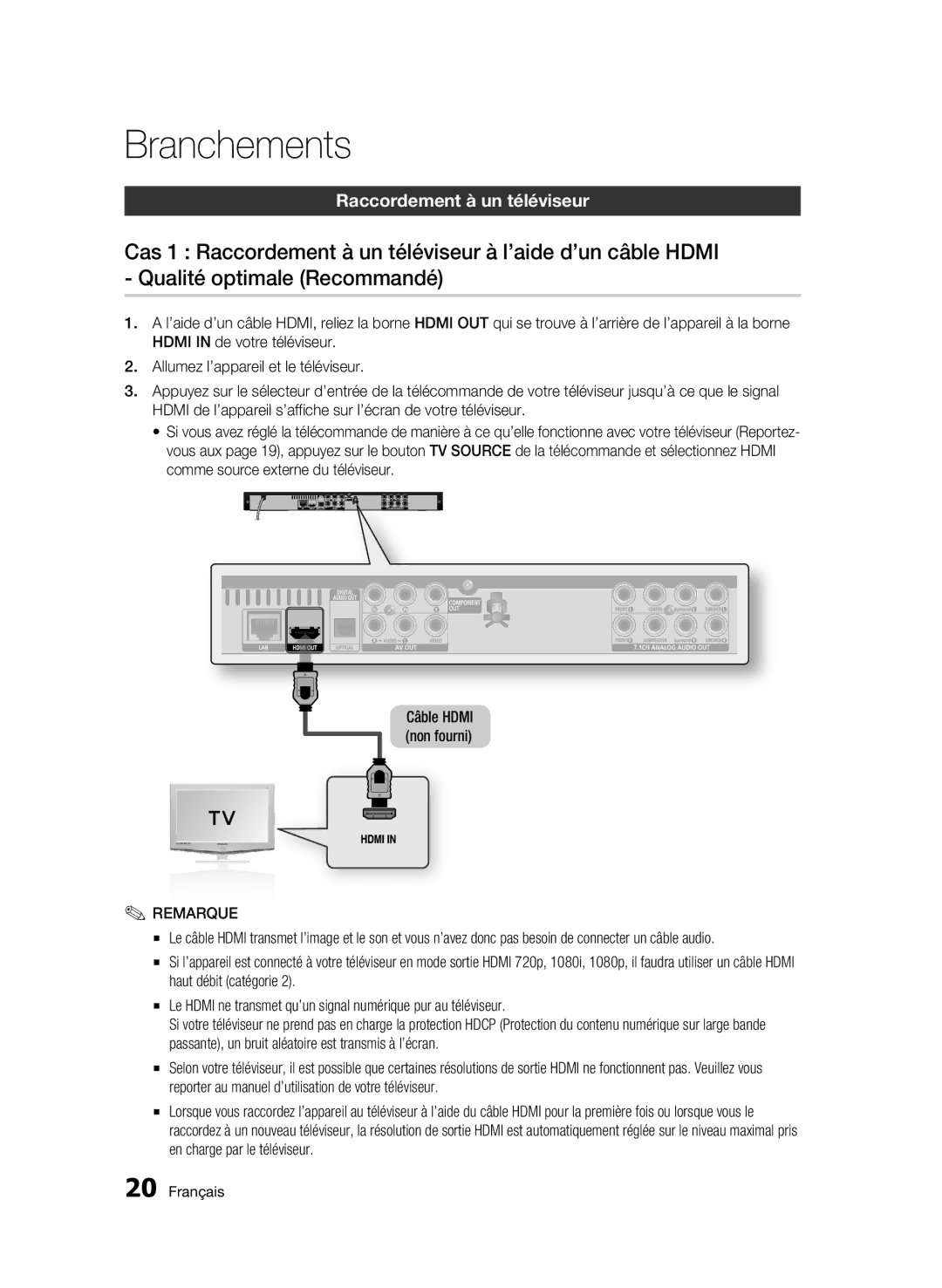 Samsung BD-C6500/XAA, BD-C6500/XEF manual Branchements, Raccordement à un téléviseur 