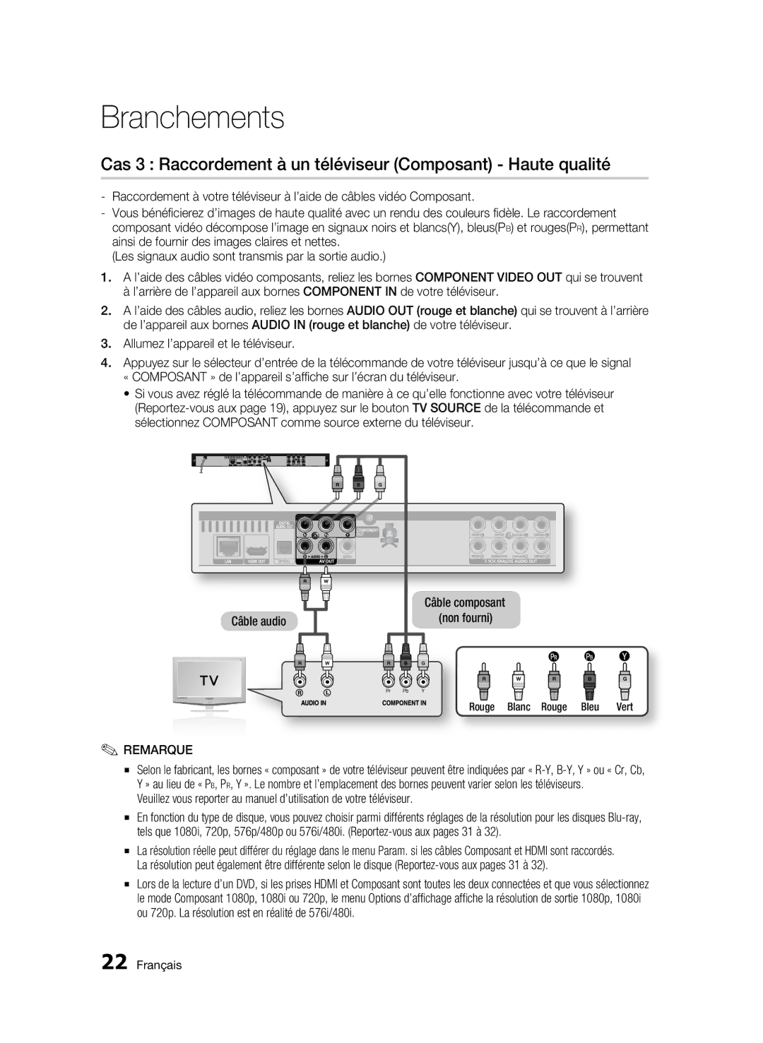 Samsung BD-C6500/XAA, BD-C6500/XEF manual Cas 3 Raccordement à un téléviseur Composant Haute qualité 