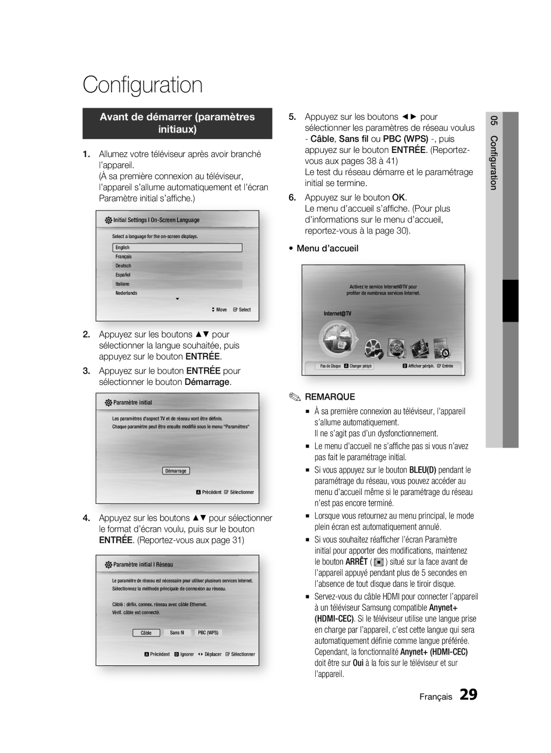 Samsung BD-C6500/XEF, BD-C6500/XAA manual Configuration, Avant de démarrer paramètres Initiaux 