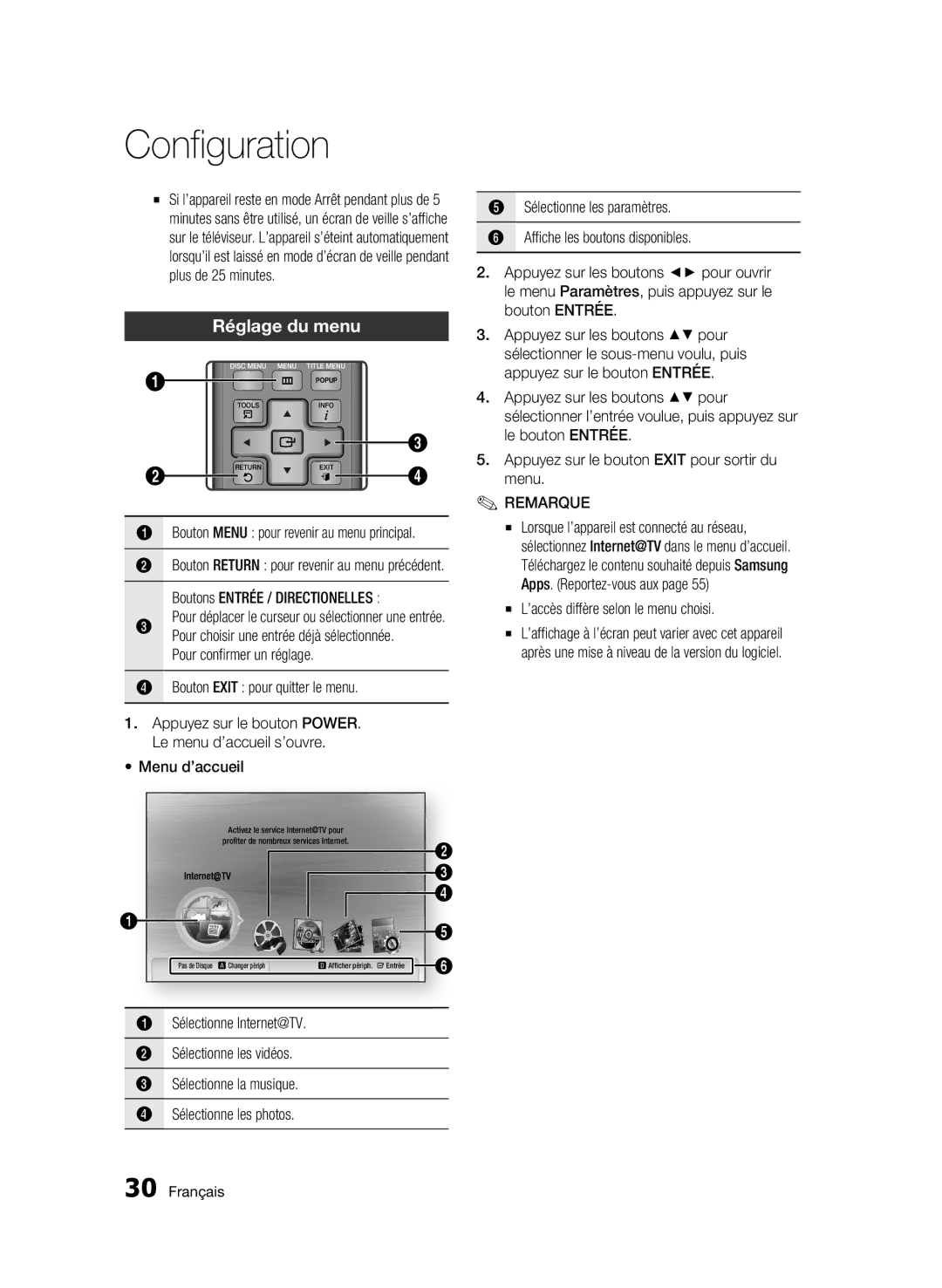 Samsung BD-C6500/XAA, BD-C6500/XEF Réglage du menu, Bouton Exit pour quitter le menu, ’accès diffère selon le menu choisi 