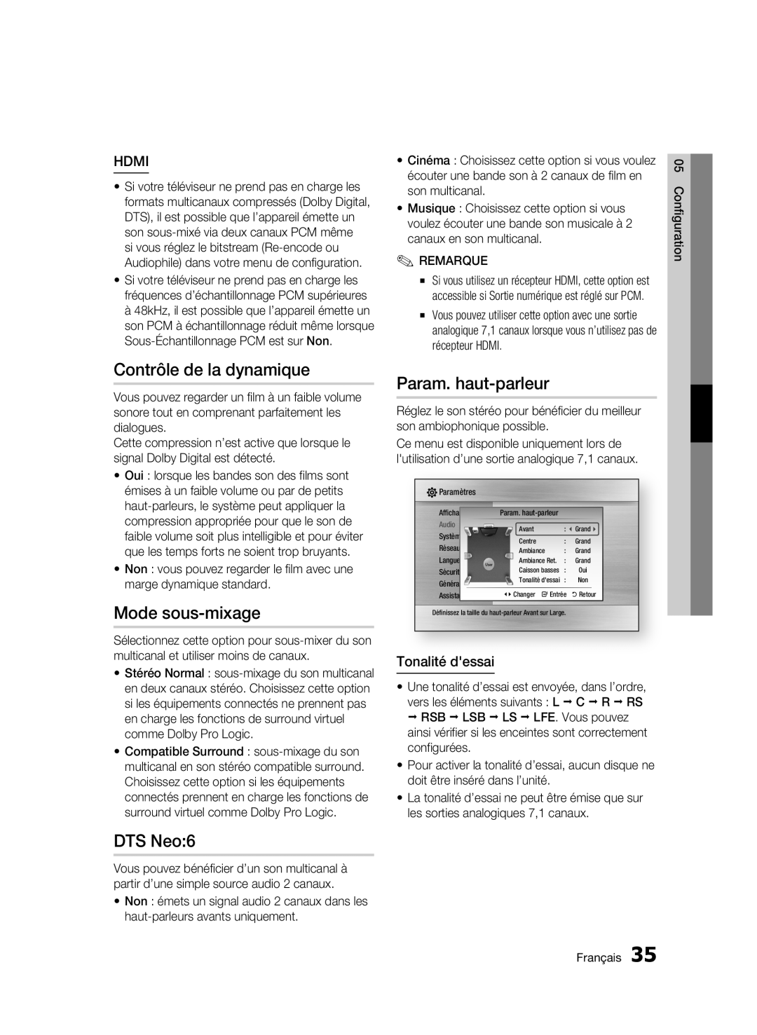 Samsung BD-C6500/XEF manual Contrôle de la dynamique, Mode sous-mixage, DTS Neo6, Param. haut-parleur, Tonalité dessai 