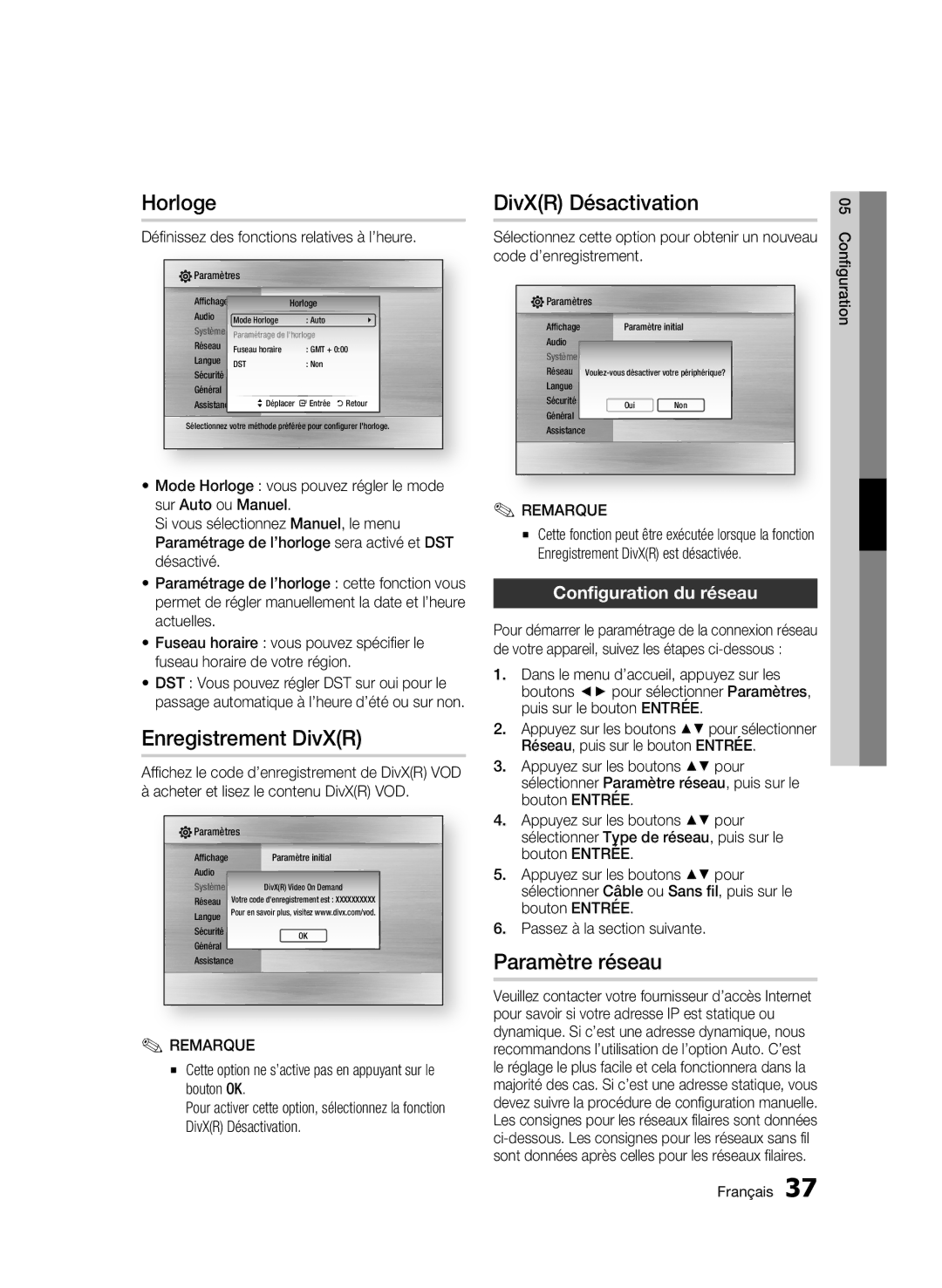 Samsung BD-C6500/XEF manual Horloge, Enregistrement DivXR, DivXR Désactivation, Paramètre réseau, Configuration du réseau 