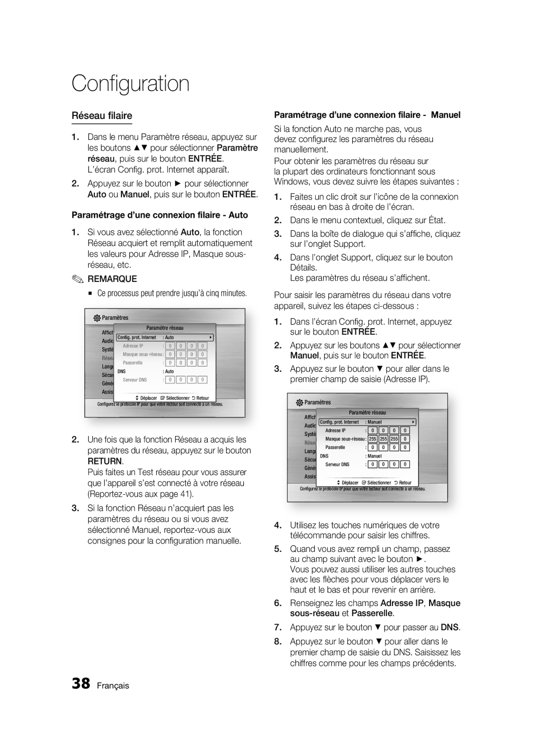 Samsung BD-C6500/XAA, BD-C6500/XEF manual Réseau filaire, ’écran Config. prot. Internet apparaît, Return 