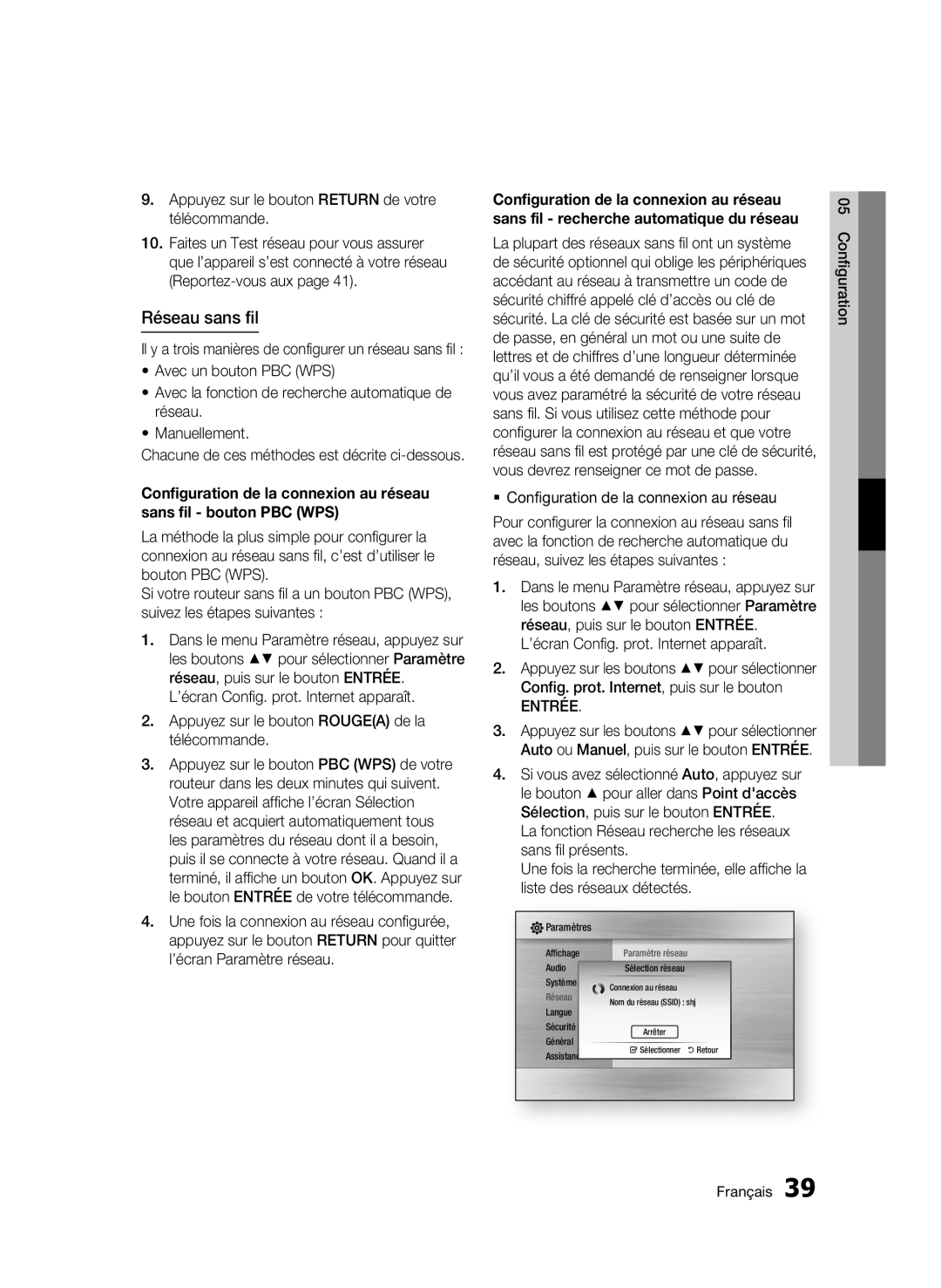 Samsung BD-C6500/XEF, BD-C6500/XAA manual Réseau sans fil, Appuyez sur le bouton Return de votre télécommande, Entrée 