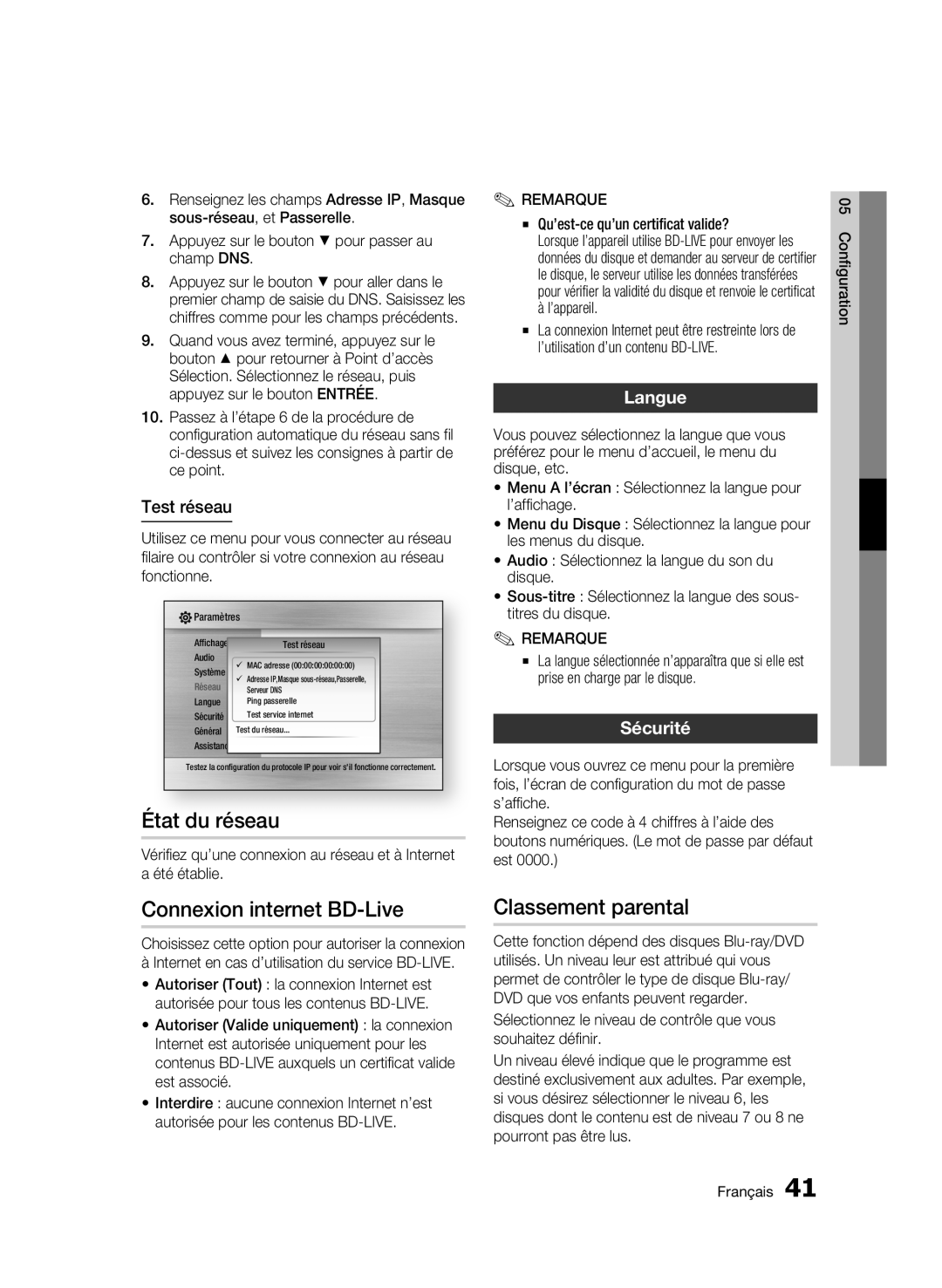 Samsung BD-C6500/XEF, BD-C6500/XAA manual État du réseau, Connexion internet BD-Live, Classement parental, Langue, Sécurité 