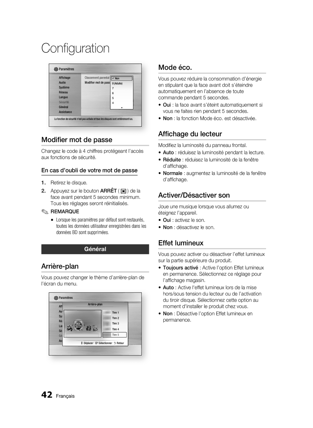 Samsung BD-C6500/XAA manual Modifier mot de passe, Arrière-plan, Mode éco, Affichage du lecteur, Activer/Désactiver son 