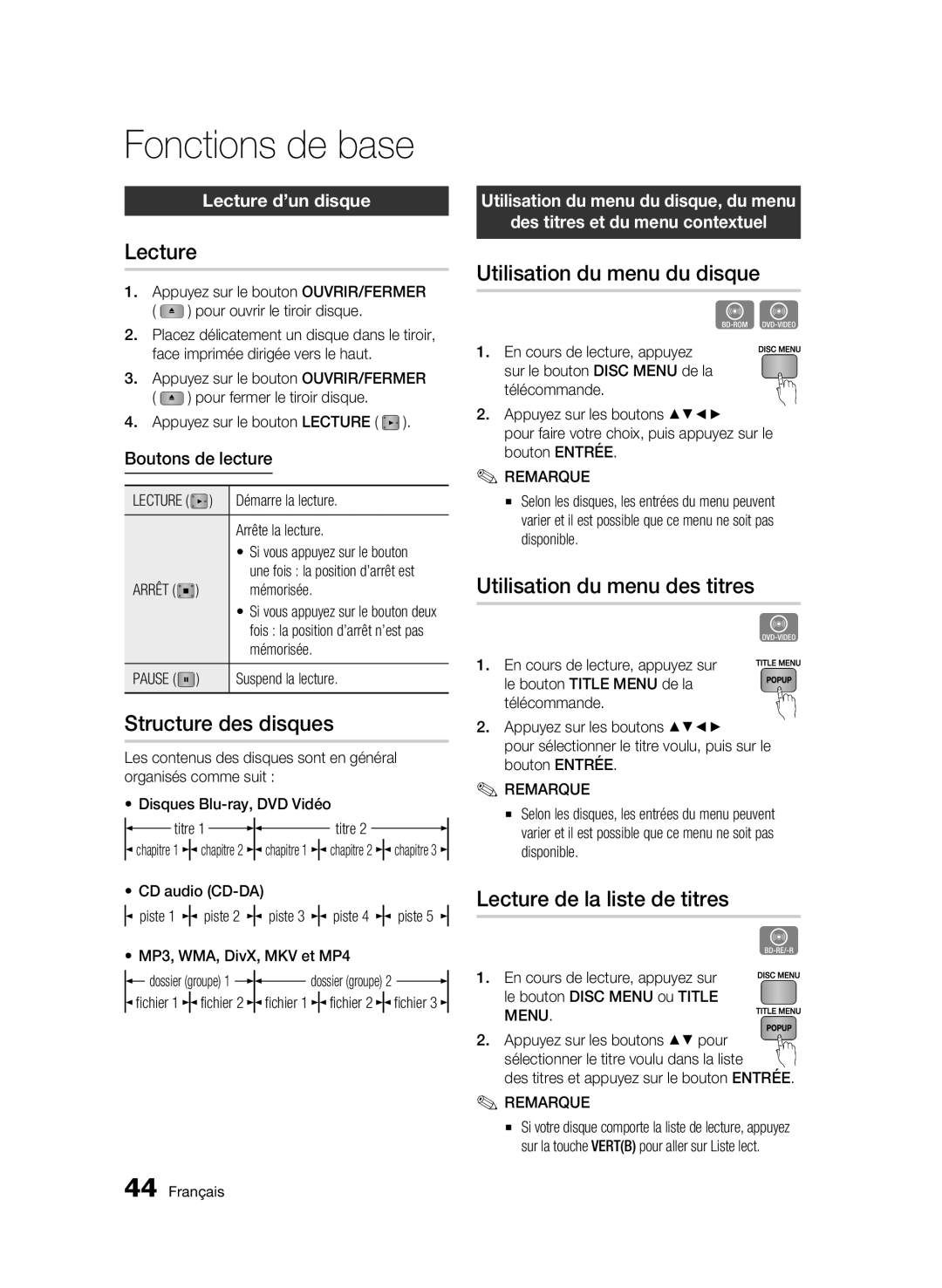 Samsung BD-C6500/XAA, BD-C6500/XEF manual Fonctions de base 