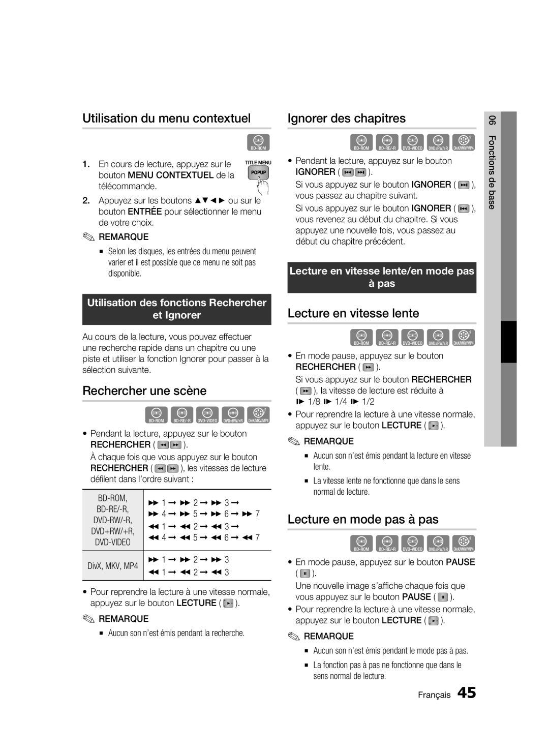 Samsung BD-C6500/XEF Utilisation du menu contextuel, Rechercher une scène, Ignorer des chapitres, Lecture en vitesse lente 