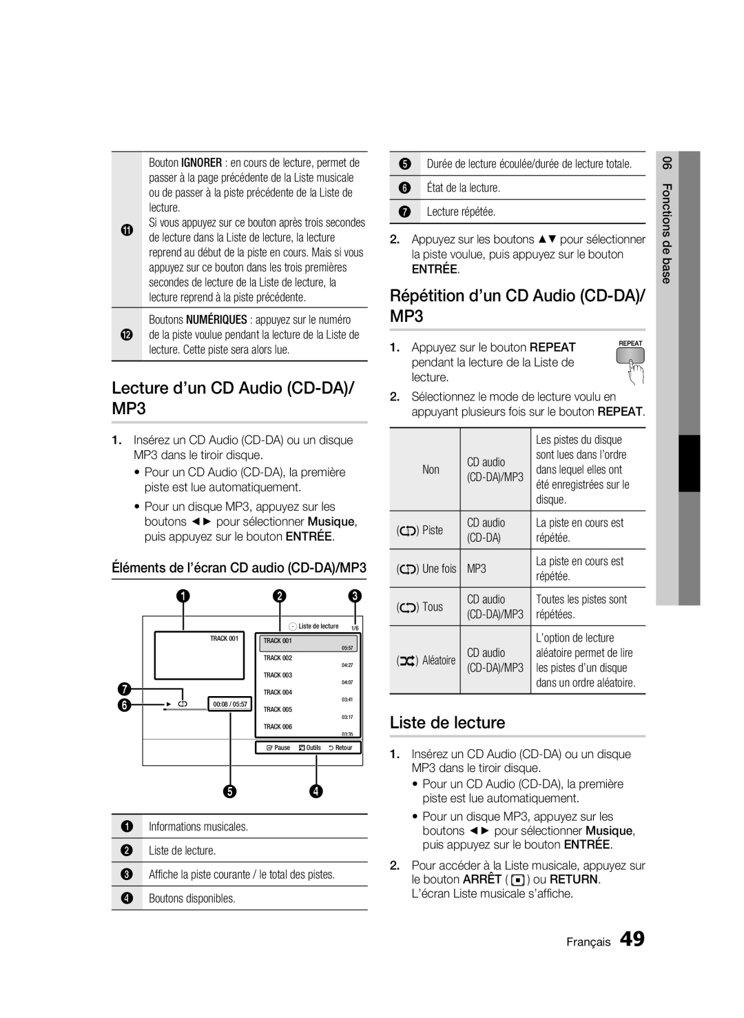 Samsung BD-C6500/XEF manual Lecture d’un CD Audio CD-DA/ MP3, Répétition d’un CD Audio CD-DA/ MP3, Liste de lecture, Cd-Da 