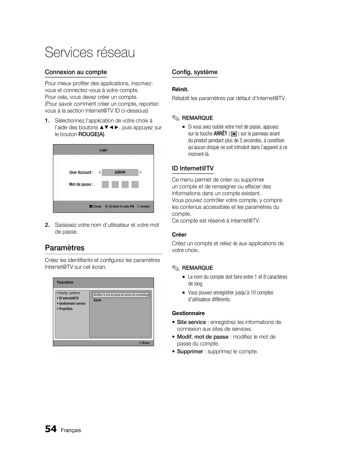 Samsung BD-C6500/XAA, BD-C6500/XEF manual Paramètres, Connexion au compte, Config. système, ID Internet@TV 