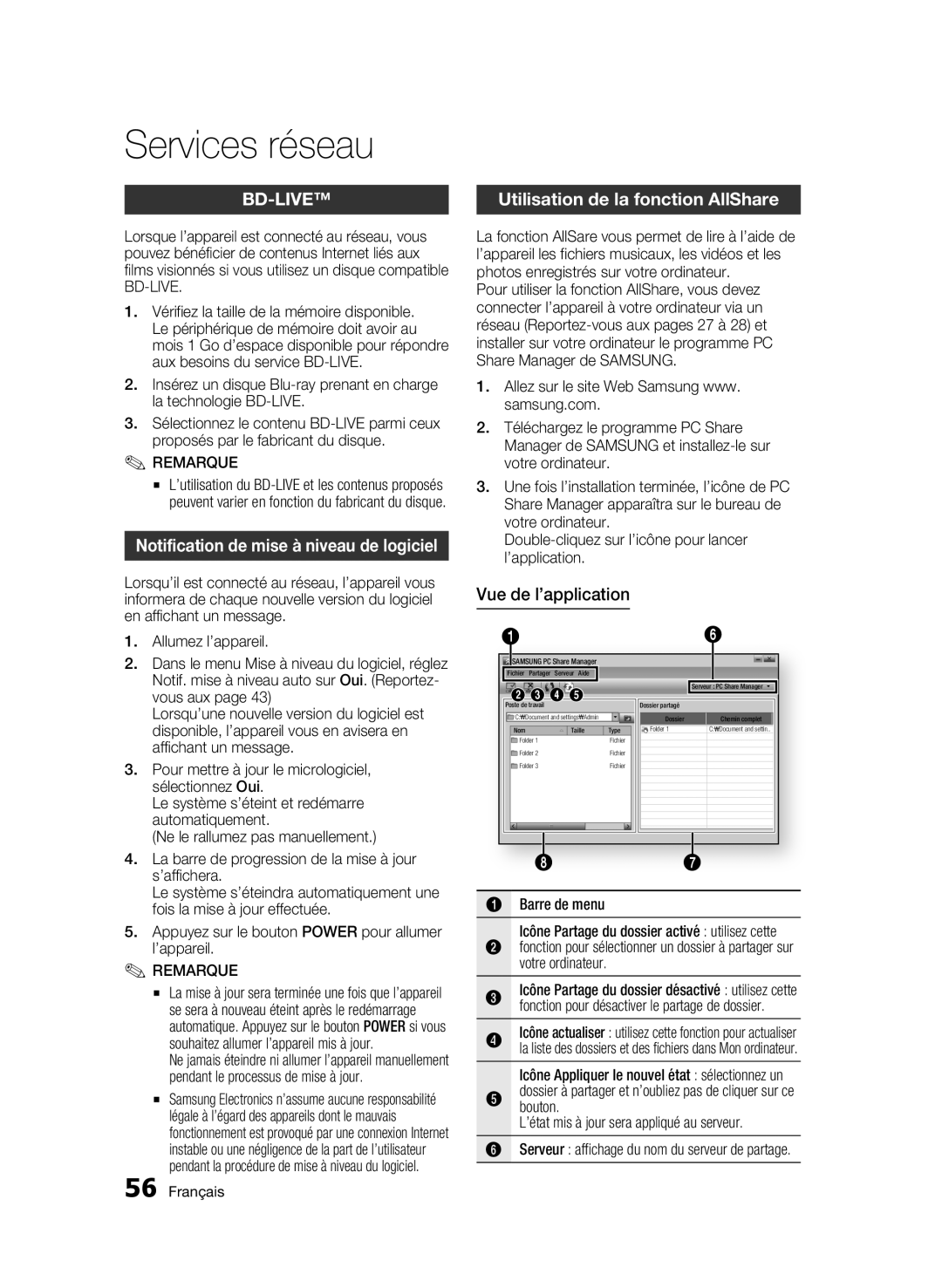 Samsung BD-C6500/XAA Notification de mise à niveau de logiciel, Utilisation de la fonction AllShare, Vue de l’application 