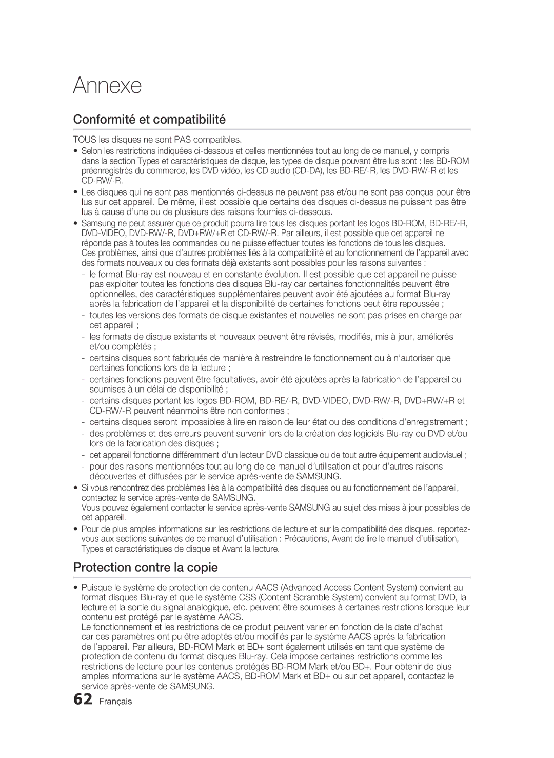 Samsung BD-C6500/XAA manual Conformité et compatibilité, Protection contre la copie, Lors de la fabrication des disques 