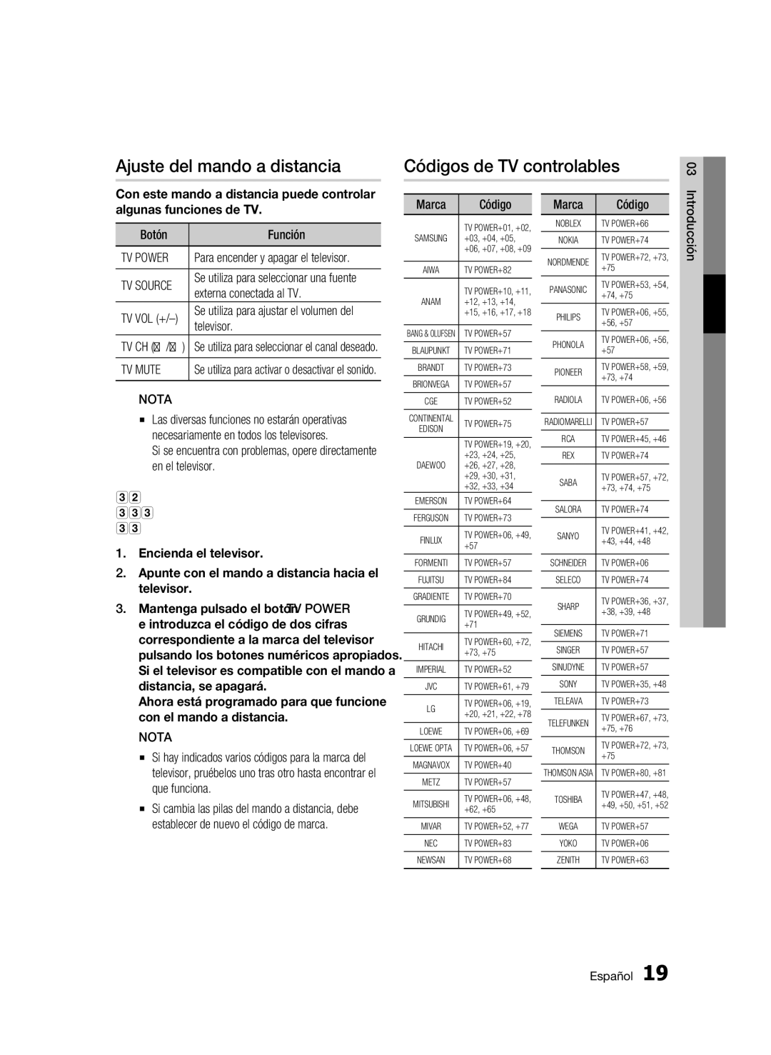 Samsung BD-C6500/XEF, BD-C6500/XAA manual Ajuste del mando a distancia, Códigos de TV controlables, TV Power, TV Mute 