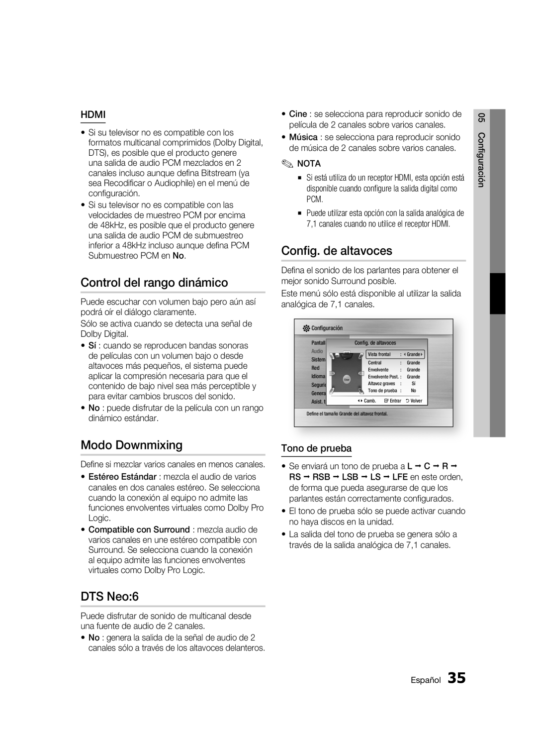 Samsung BD-C6500/XEF manual Control del rango dinámico, Modo Downmixing, DTS Neo6, Config. de altavoces, Tono de prueba 