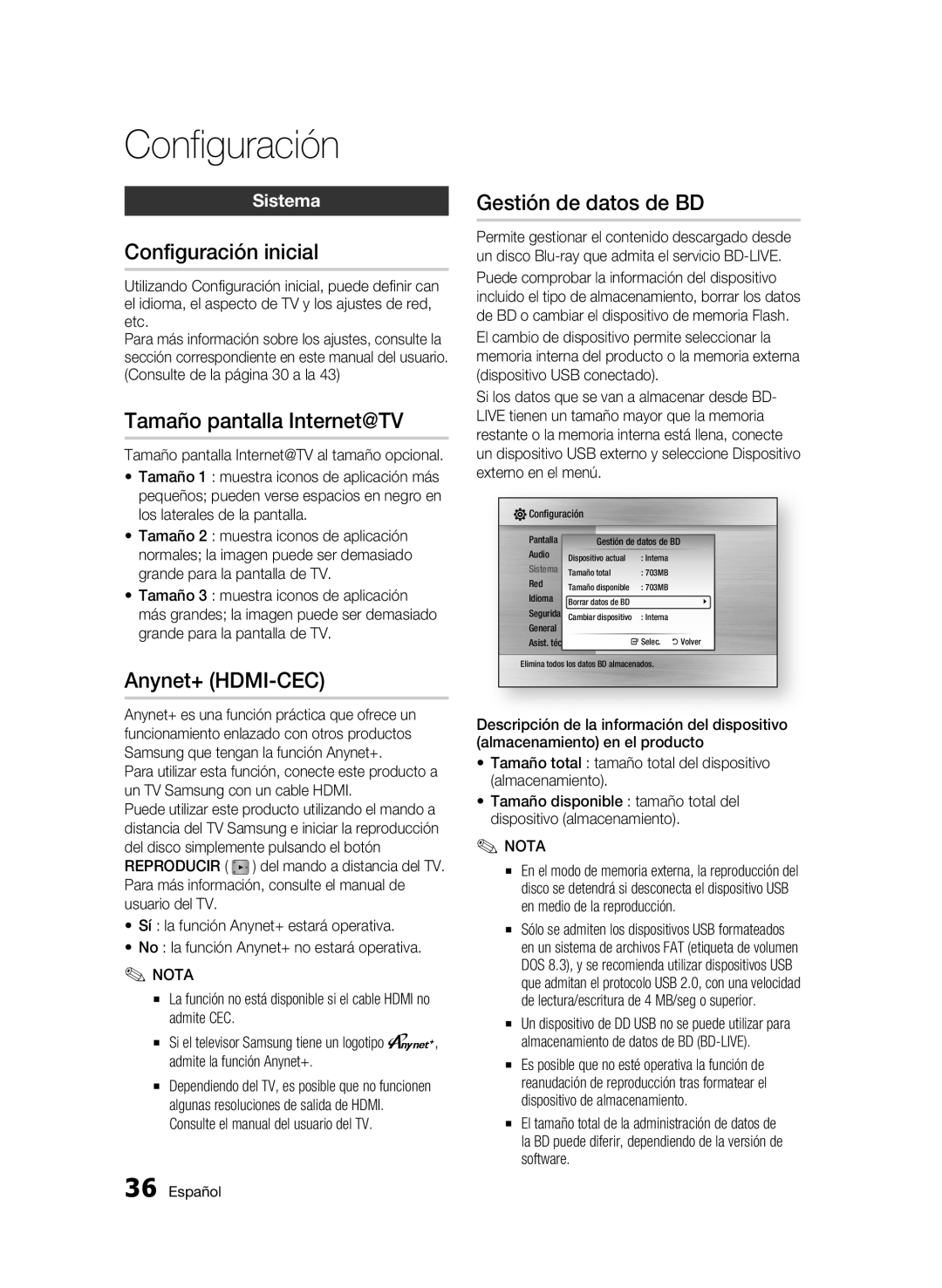 Samsung BD-C6500/XAA Configuración inicial, Tamaño pantalla Internet@TV, Anynet+ HDMI-CEC, Gestión de datos de BD, Sistema 