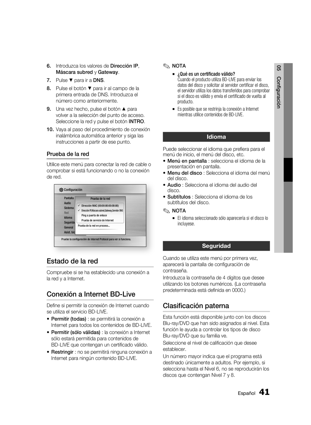 Samsung BD-C6500/XEF, BD-C6500/XAA Estado de la red, Conexión a Internet BD-Live, Clasificación paterna, Idioma, Seguridad 