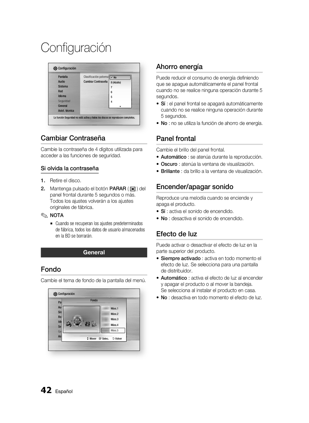 Samsung BD-C6500/XAA manual Cambiar Contraseña, Fondo, Ahorro energía, Panel frontal, Encender/apagar sonido, Efecto de luz 