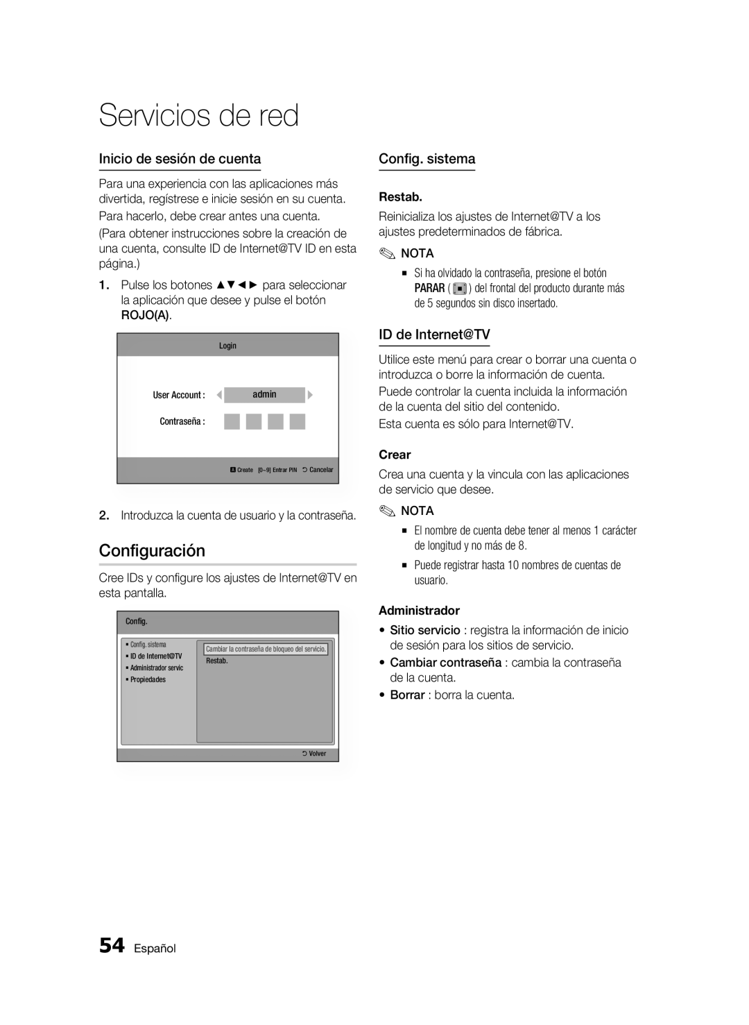 Samsung BD-C6500/XAA, BD-C6500/XEF manual Configuración, Inicio de sesión de cuenta, Config. sistema, ID de Internet@TV 