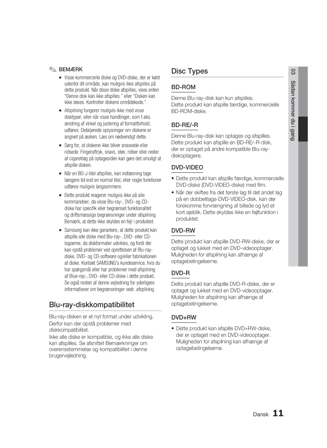 Samsung BD-C6500/XEE manual Blu-ray-diskkompatibilitet, Disc Types 