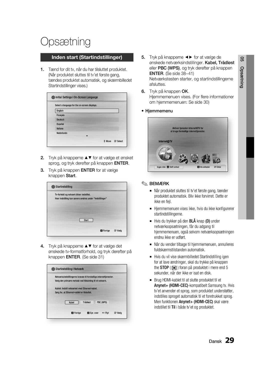 Samsung BD-C6500/XEE manual Opsætning, Inden start Startindstillinger, Tryk på knappen Enter for at vælge knappen Start 