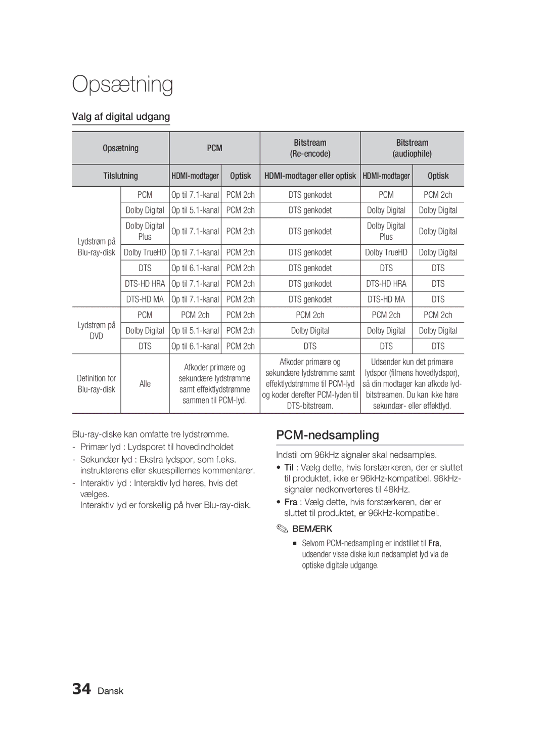 Samsung BD-C6500/XEE manual PCM-nedsampling, Valg af digital udgang, Bitstream, Tilslutning 