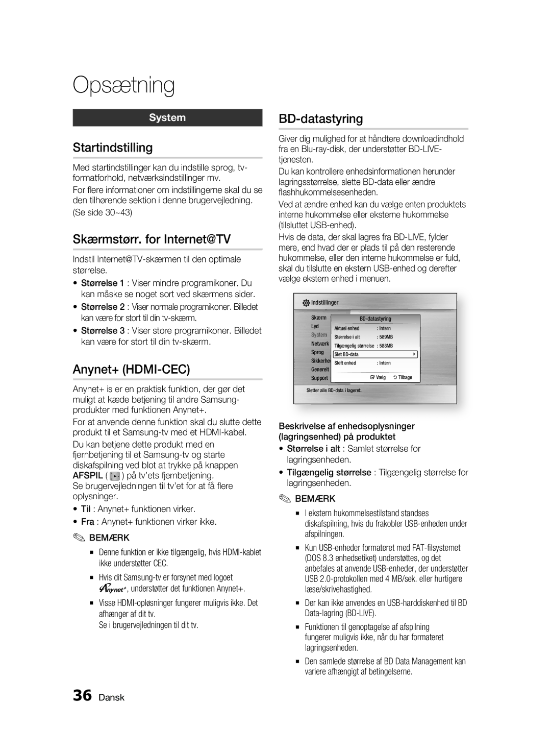 Samsung BD-C6500/XEE manual SystemBD-datastyring Startindstilling, Skærmstørr. for Internet@TV, Anynet+ HDMI-CEC 