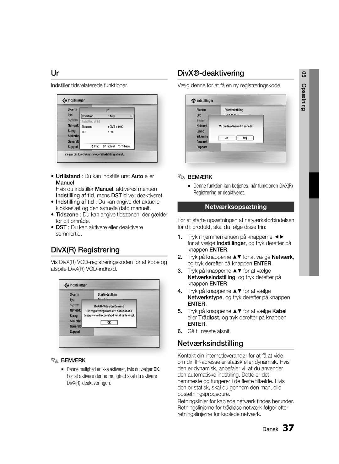 Samsung BD-C6500/XEE manual DivX-deaktivering, DivXR Registrering, Netværksindstilling, Netværksopsætning 