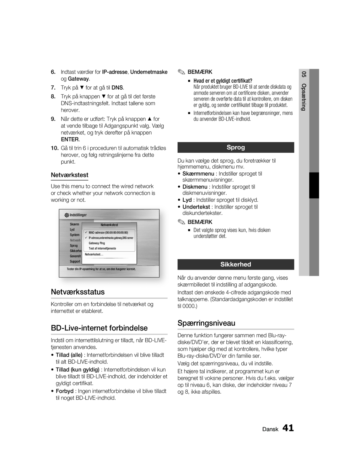 Samsung BD-C6500/XEE manual Netværksstatus, BD-Live-internet forbindelse, Spærringsniveau, Sprog, Sikkerhed 