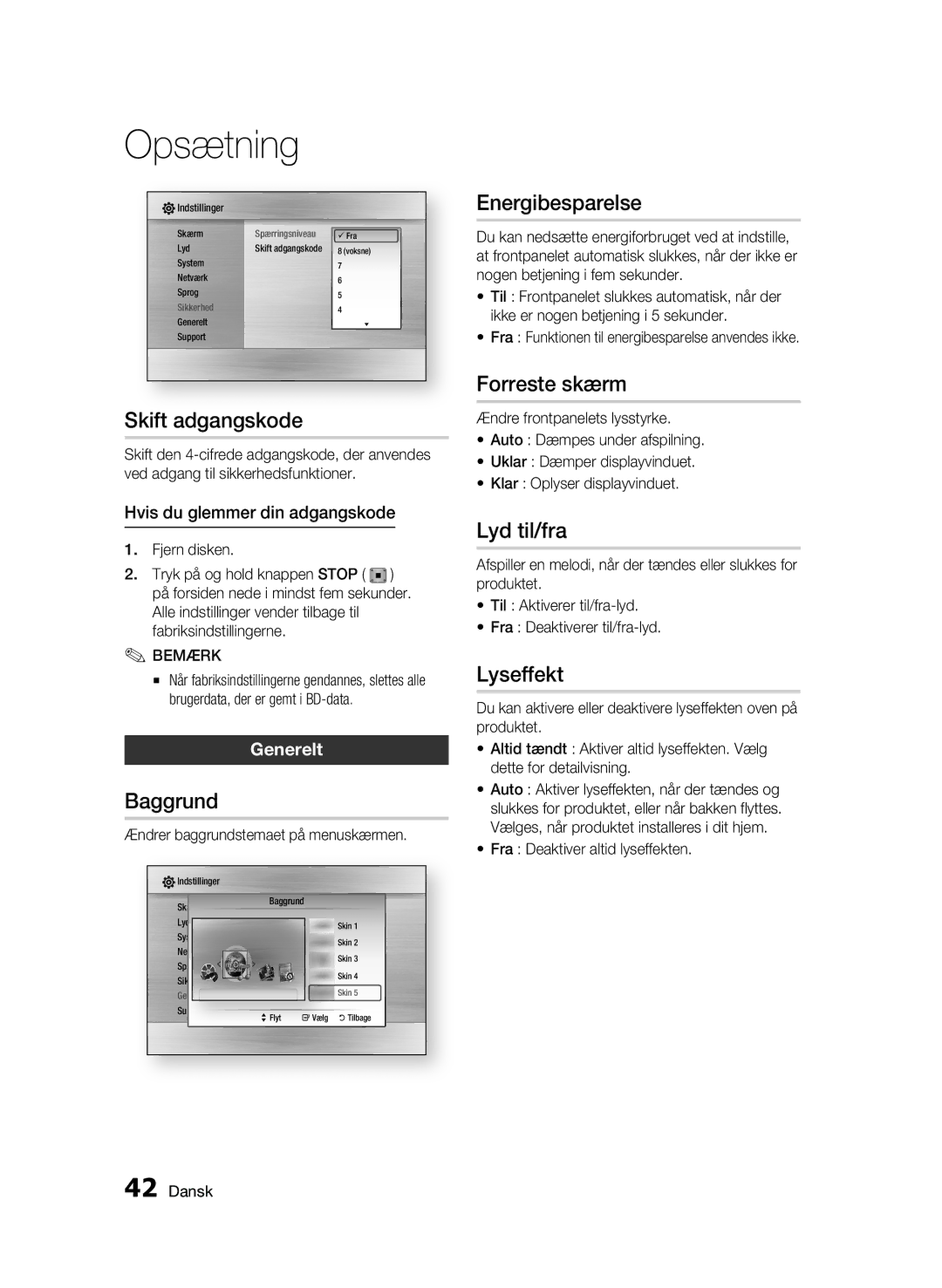 Samsung BD-C6500/XEE manual Skift adgangskode, Baggrund, Energibesparelse, Forreste skærm, Lyd til/fra, Lyseffekt 