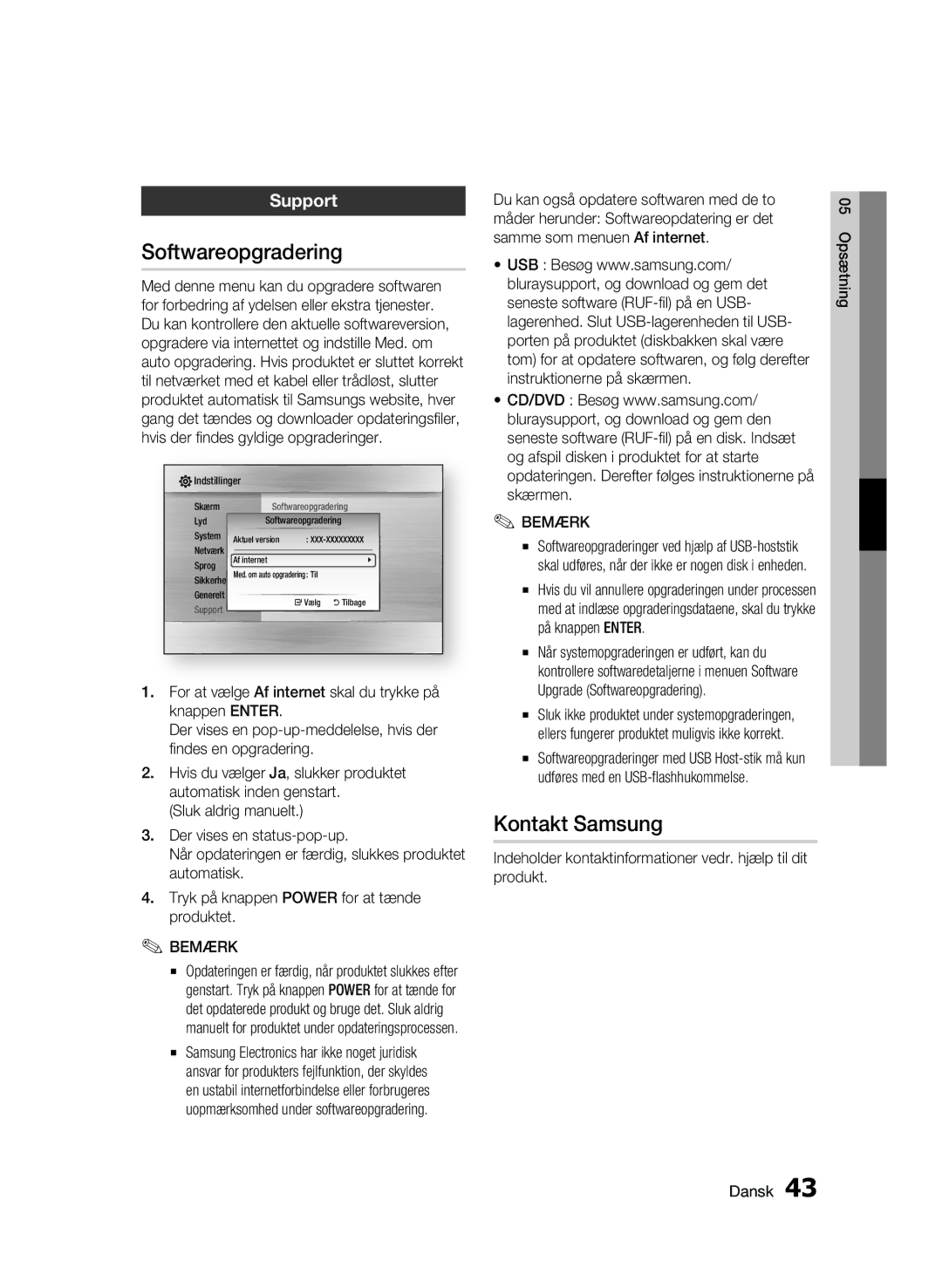 Samsung BD-C6500/XEE manual Kontakt Samsung, Support, På knappen Enter, Upgrade Softwareopgradering 