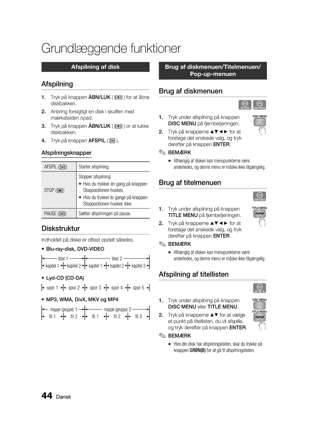 Samsung BD-C6500/XEE manual Grundlæggende funktioner 