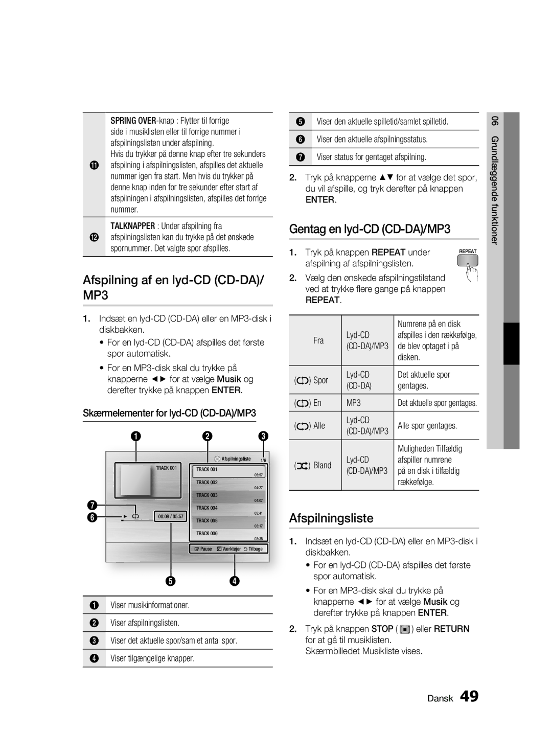 Samsung BD-C6500/XEE manual Afspilning af en lyd-CD CD-DA/ MP3, Gentag en lyd-CD CD-DA/MP3, Afspilningsliste 