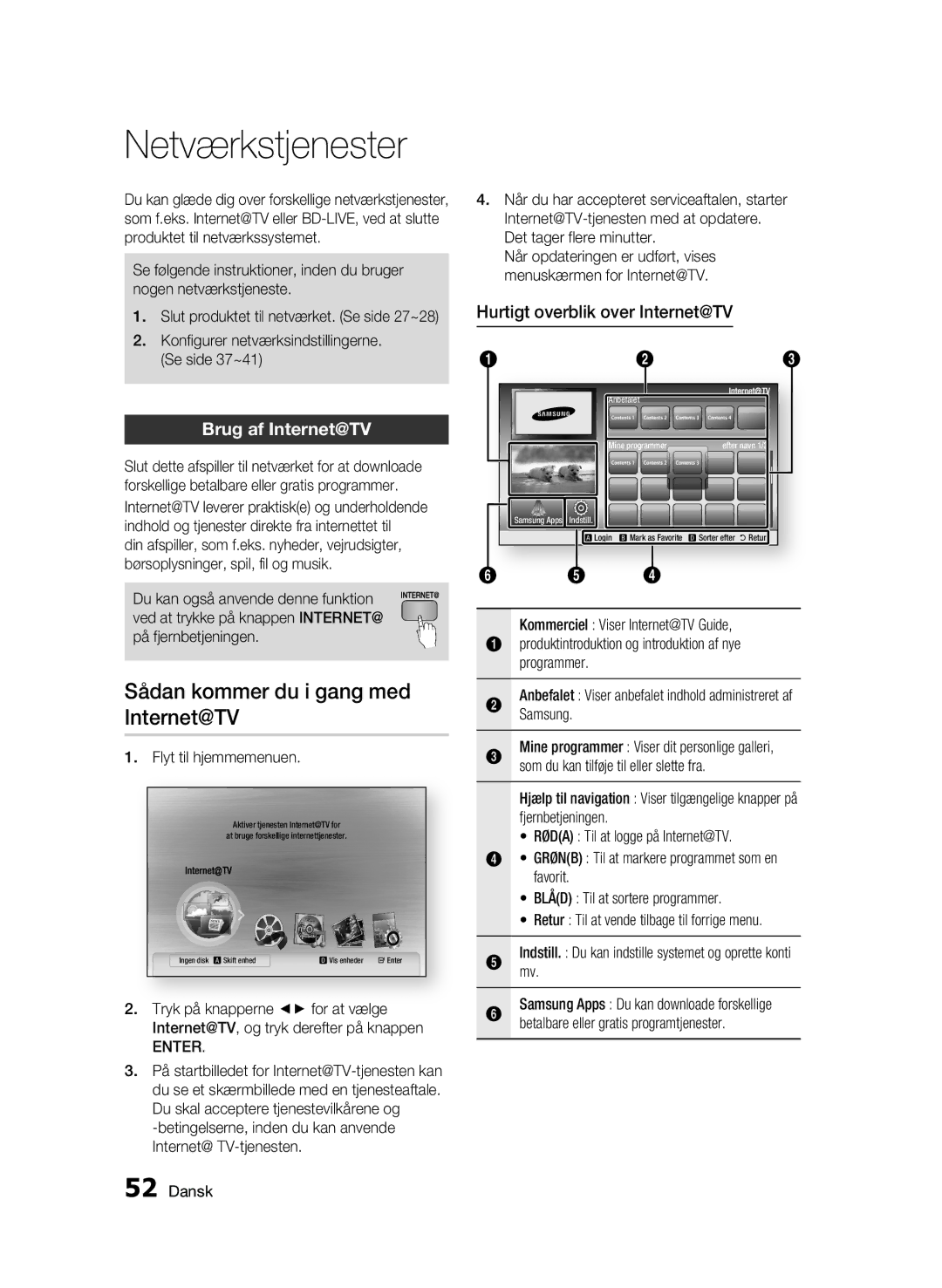 Samsung BD-C6500/XEE manual Netværkstjenester, Sådan kommer du i gang med Internet@TV, Brug af Internet@TV 