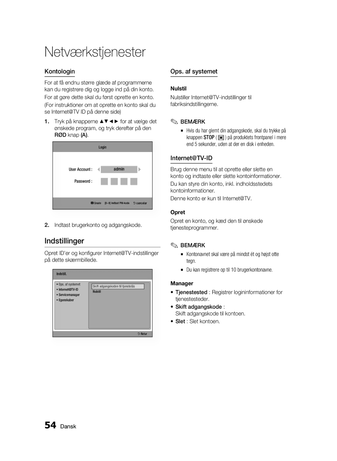 Samsung BD-C6500/XEE manual Indstillinger, Kontologin, Ops. af systemet, Internet@TV-ID 