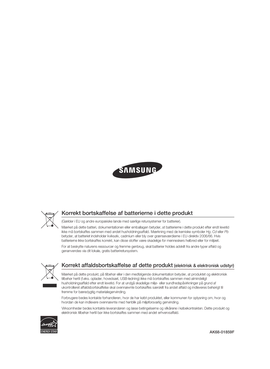 Samsung BD-C6500/XEE manual Korrekt bortskaffelse af batterierne i dette produkt 