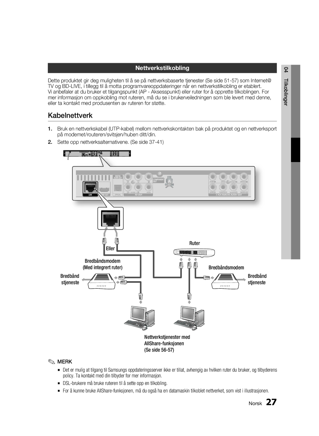 Samsung BD-C6500/XEE manual Kabelnettverk, Nettverkstilkobling, Eller Bredbåndsmodem Med integrert ruter 