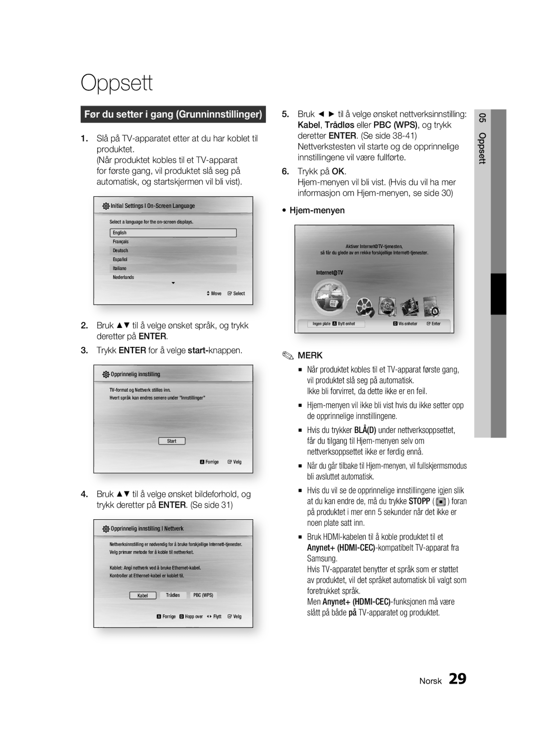 Samsung BD-C6500/XEE manual Oppsett, Før du setter i gang Grunninnstillinger 