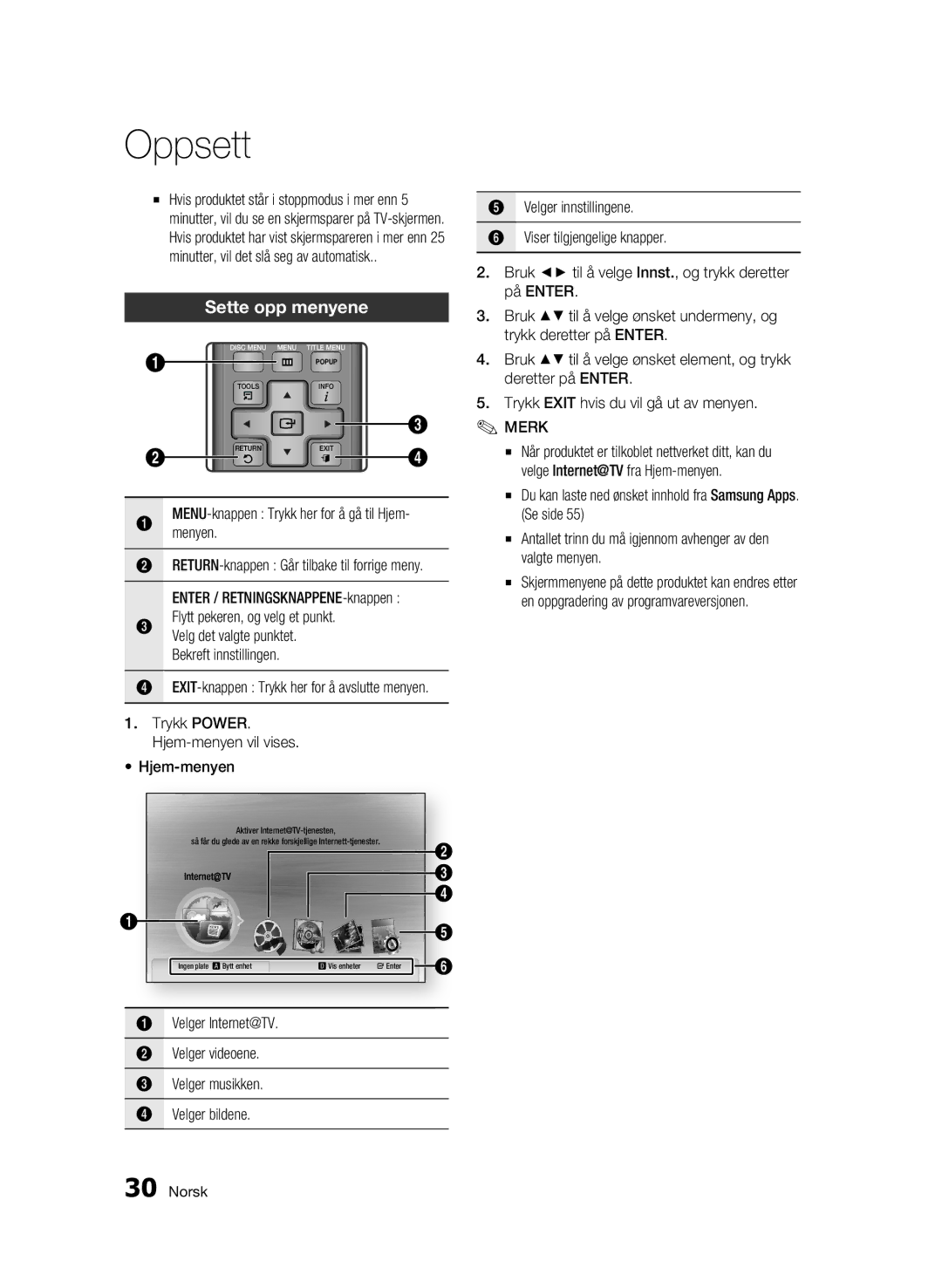 Samsung BD-C6500/XEE manual Sette opp menyene, Menyen RETURN-knappen Går tilbake til forrige meny 