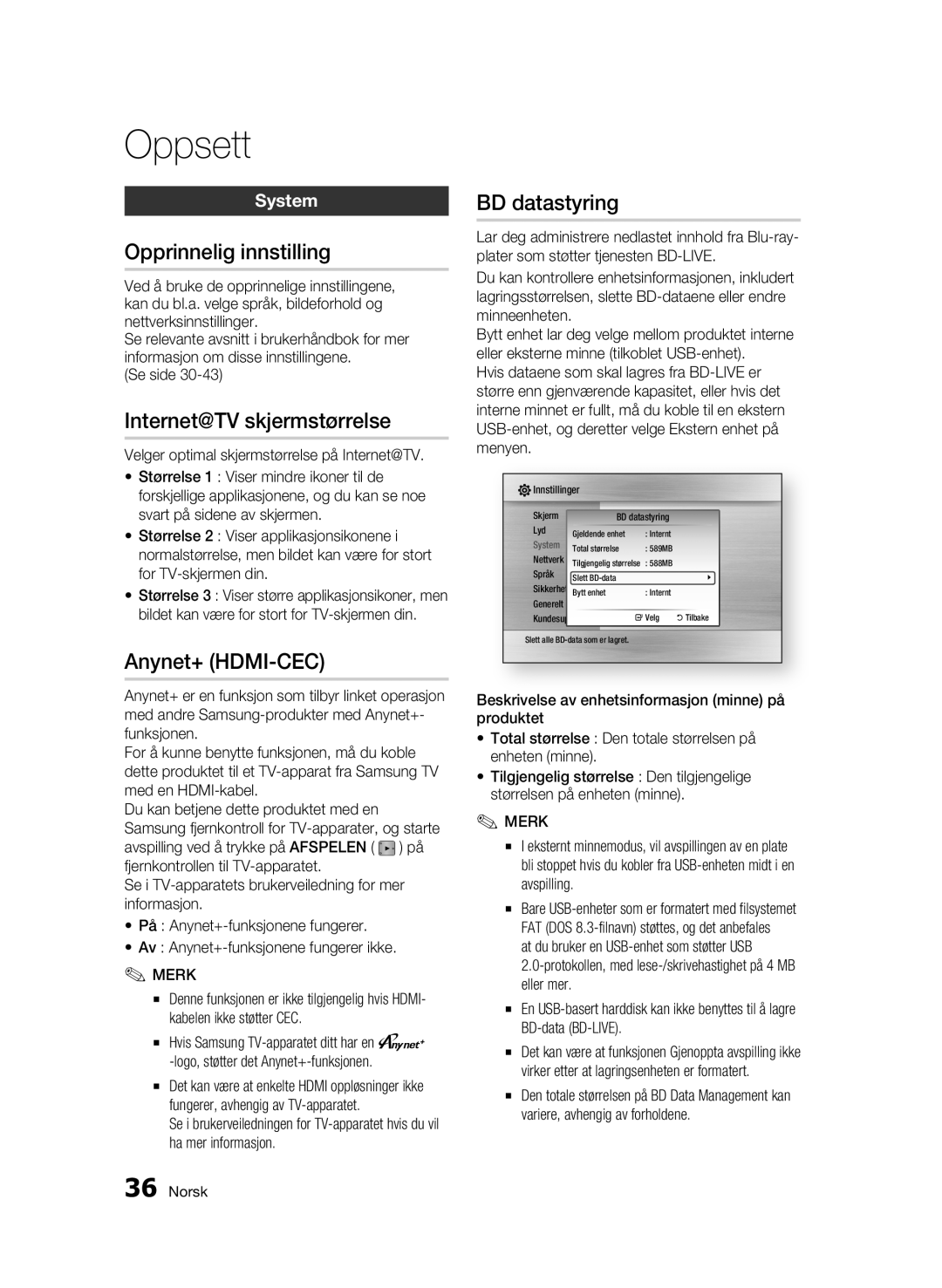 Samsung BD-C6500/XEE manual Opprinnelig innstilling, Internet@TV skjermstørrelse, Anynet+ HDMI-CEC, BD datastyring, System 